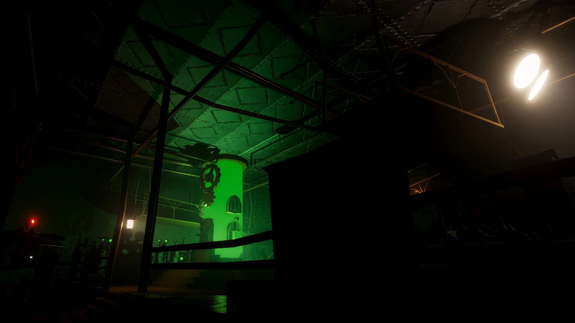 Expendabots: Dark industrial room lit by a glowing green tank and overhead lamp, no HUD visible.