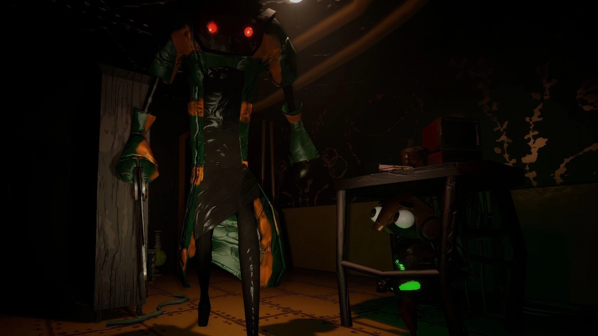 Expendabots: Tall robot with glowing red eyes looms in a dark room, smaller bot hides under table.