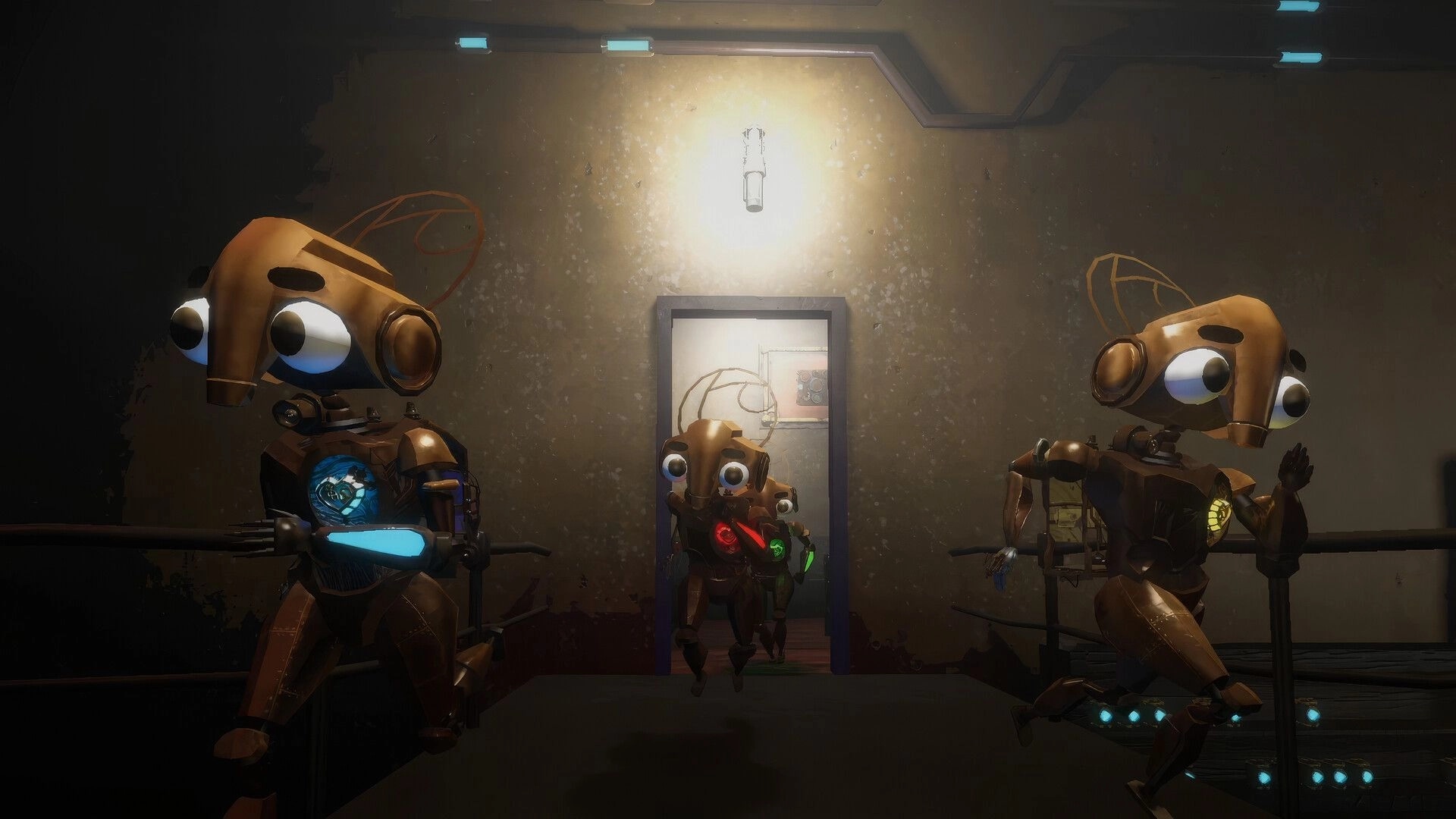 Expendabots: Three wide-eyed robots in a dim metal room, one framed in a doorway under a lamp.