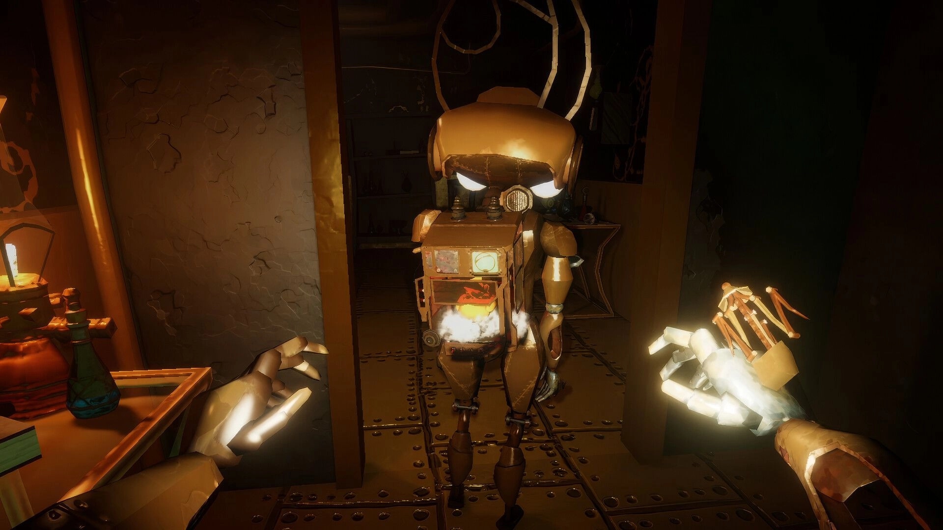 Expendabots: First-person view reaching toward a boxy robot in a dim metal corridor room.