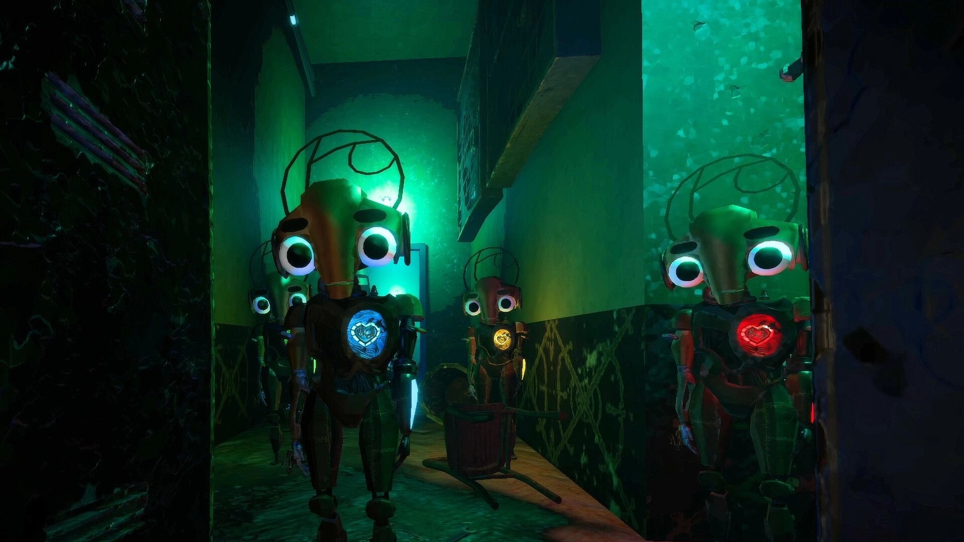 Expendabots: Four wide-eyed robots with glowing chest cores in a narrow, green-lit corridor.