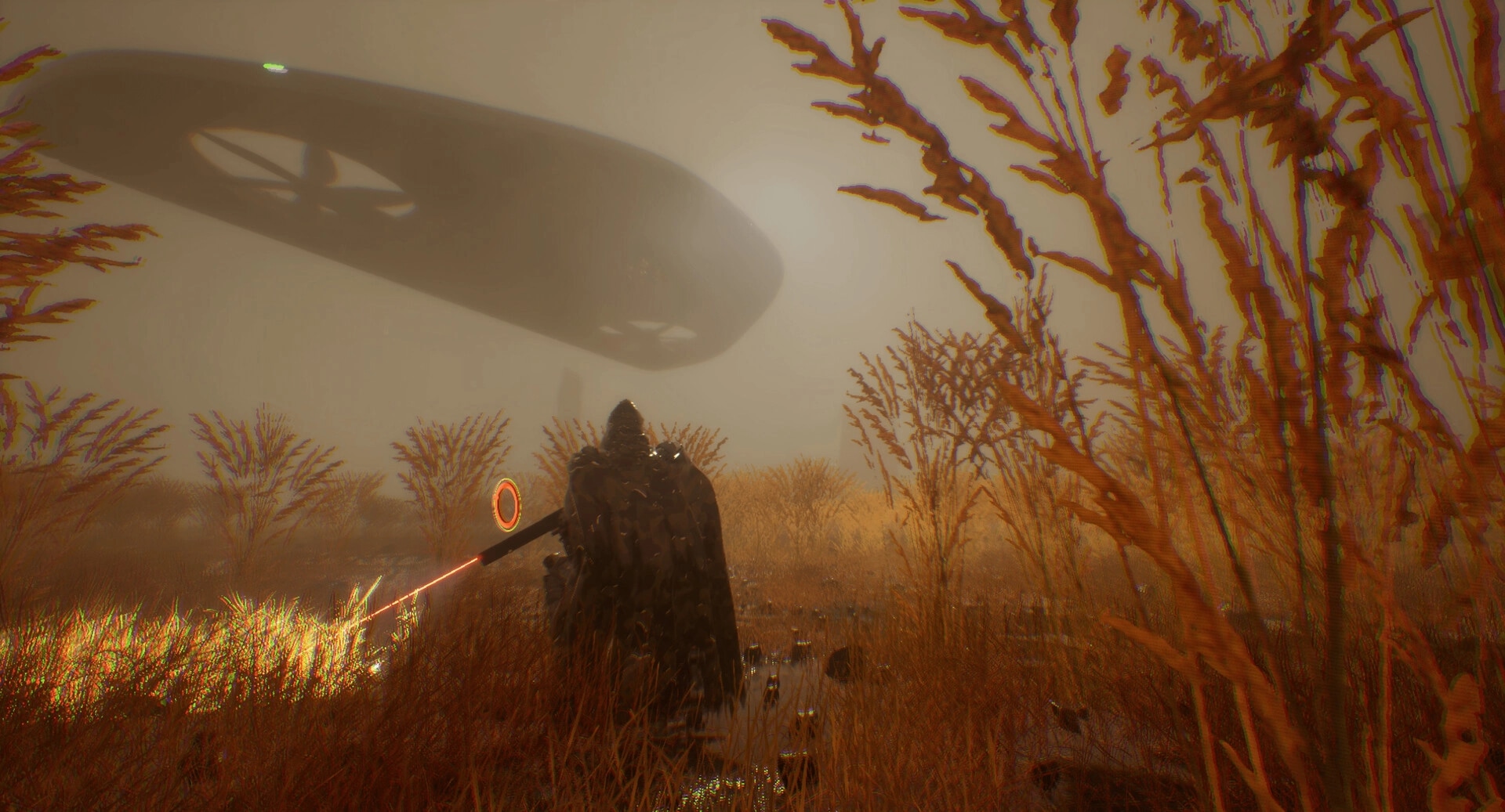 EXPLOITATION: Hooded character with glowing sword in foggy field, large spaceship hovering above