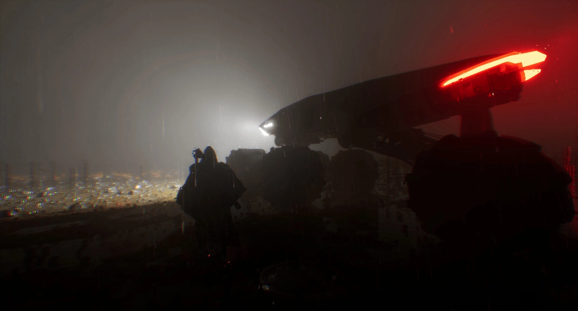 EXPLOITATION: Silhouetted character approaches massive vehicle in foggy, dimly lit environment.
