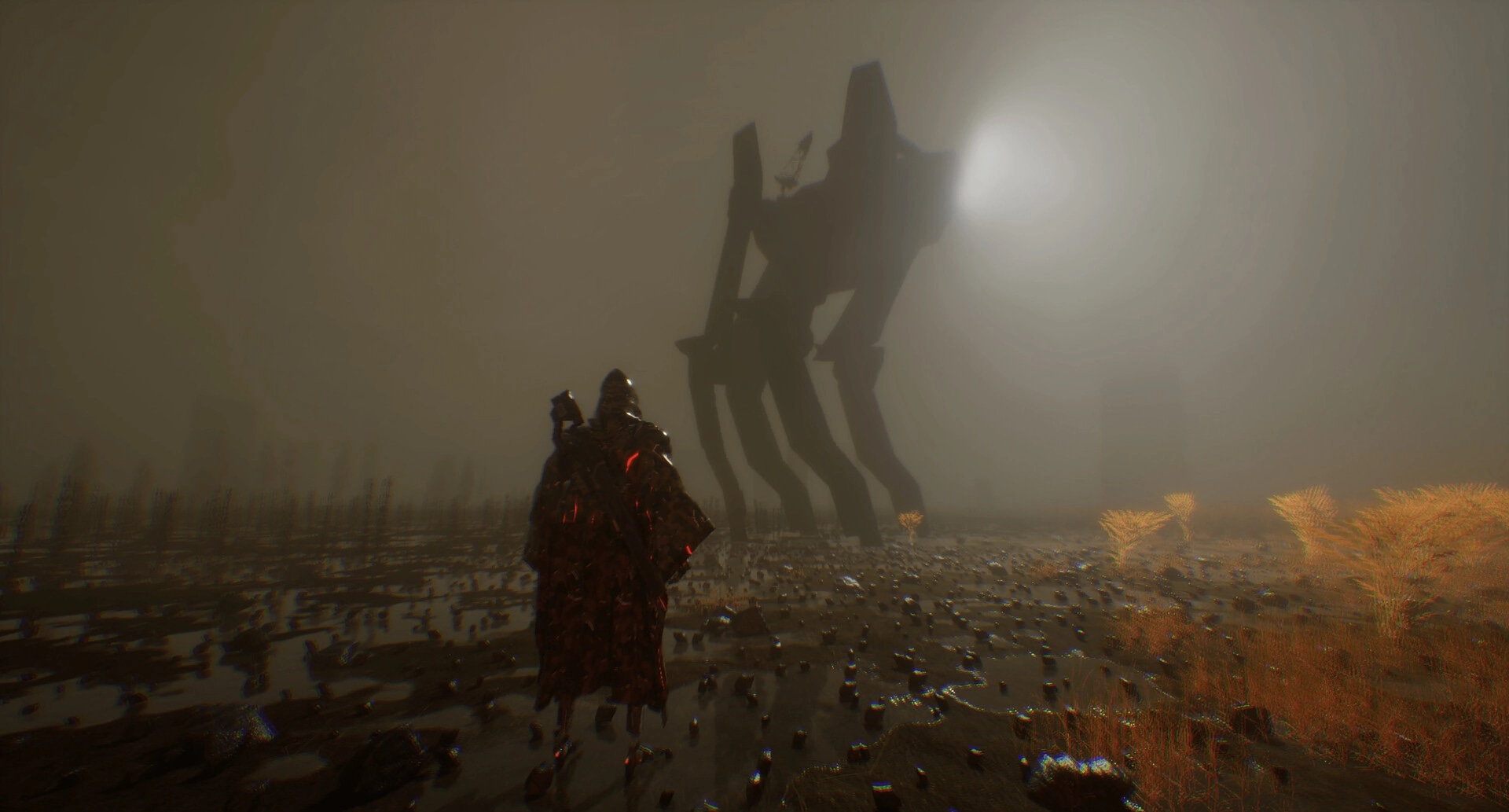 EXPLOITATION: Player approaches towering alien structure in desolate, foggy landscape with sparse vegetation.