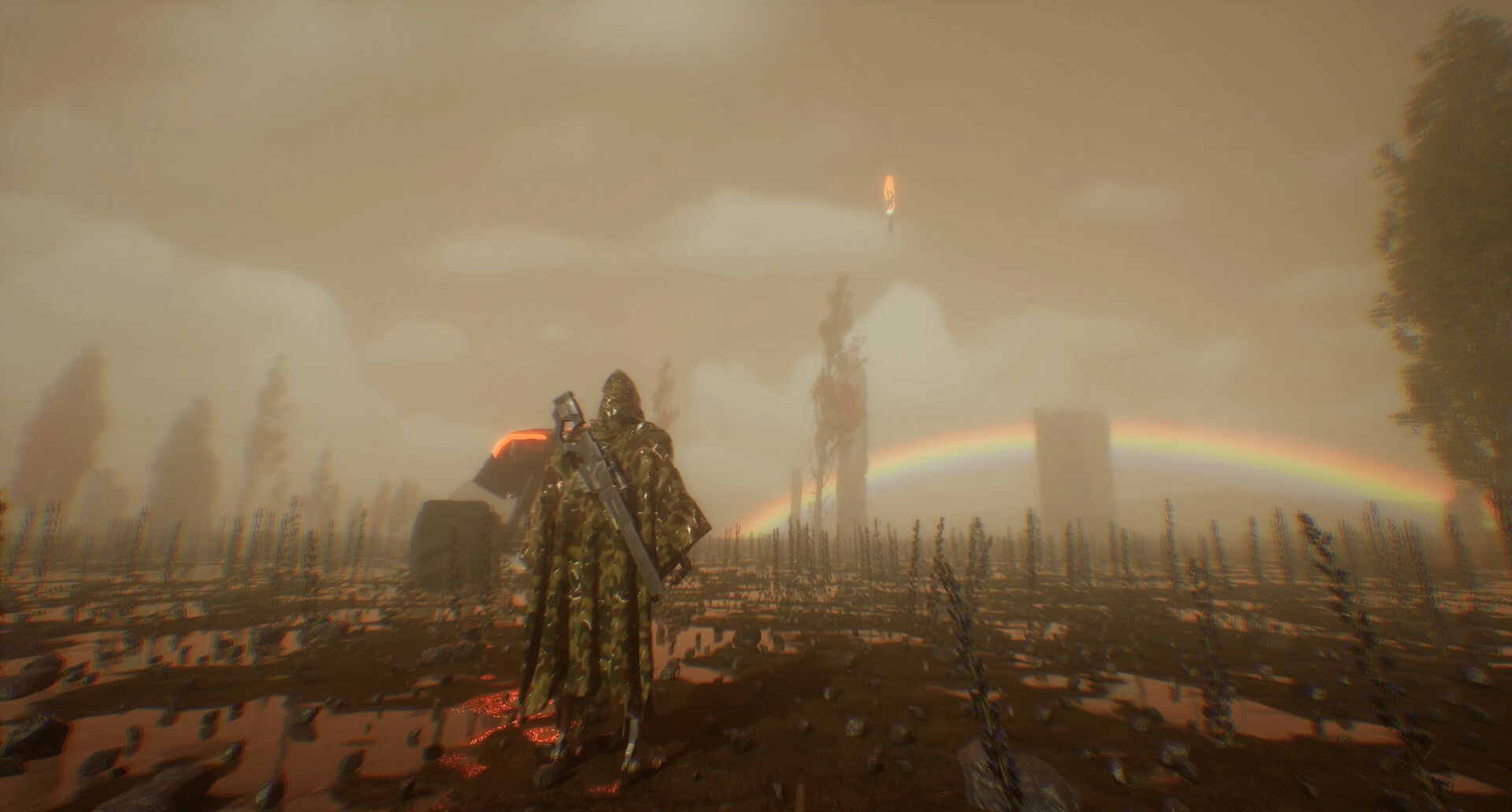 EXPLOITATION: Hooded character with weapon stands in barren field under cloudy sky and rainbow