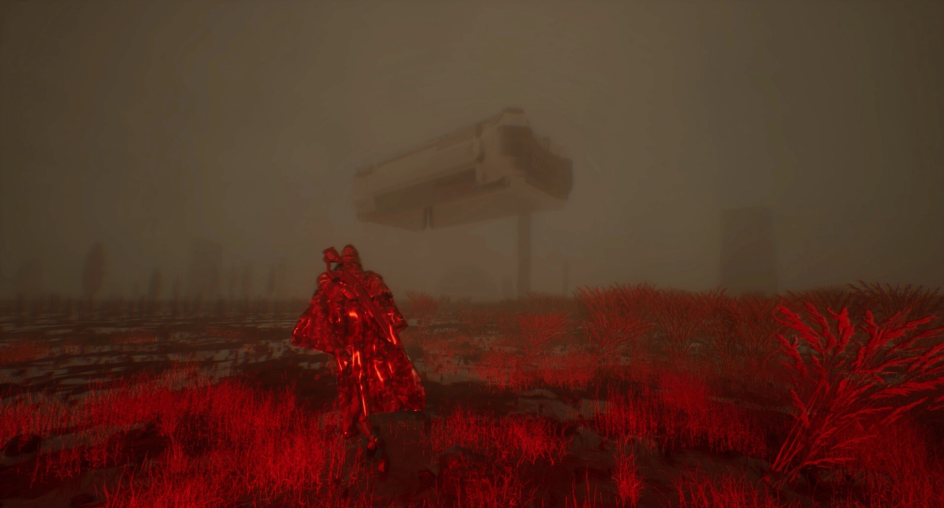 EXPLOITATION: Lone figure in red armor traversing alien landscape under hovering spacecraft in foggy dusk