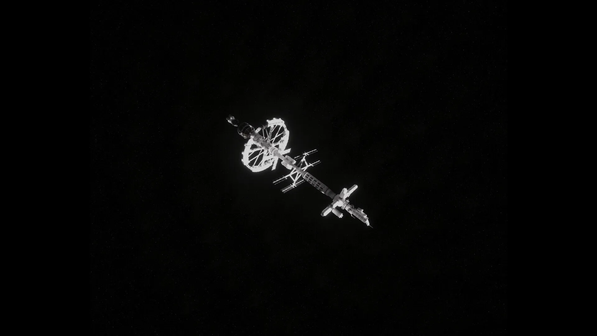 EXPLOITATION: A large space station floats in the vast darkness of space, illuminated by distant starlight.