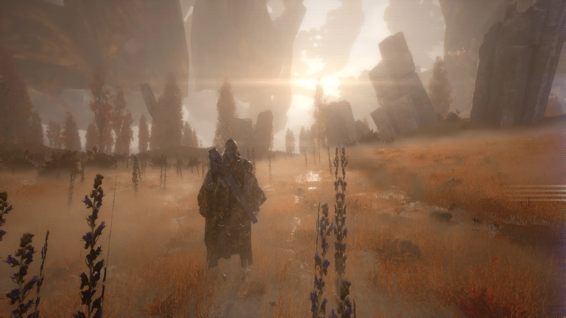 EXPLOITATION: Character exploring misty alien landscape with towering rock formations and orange foliage.