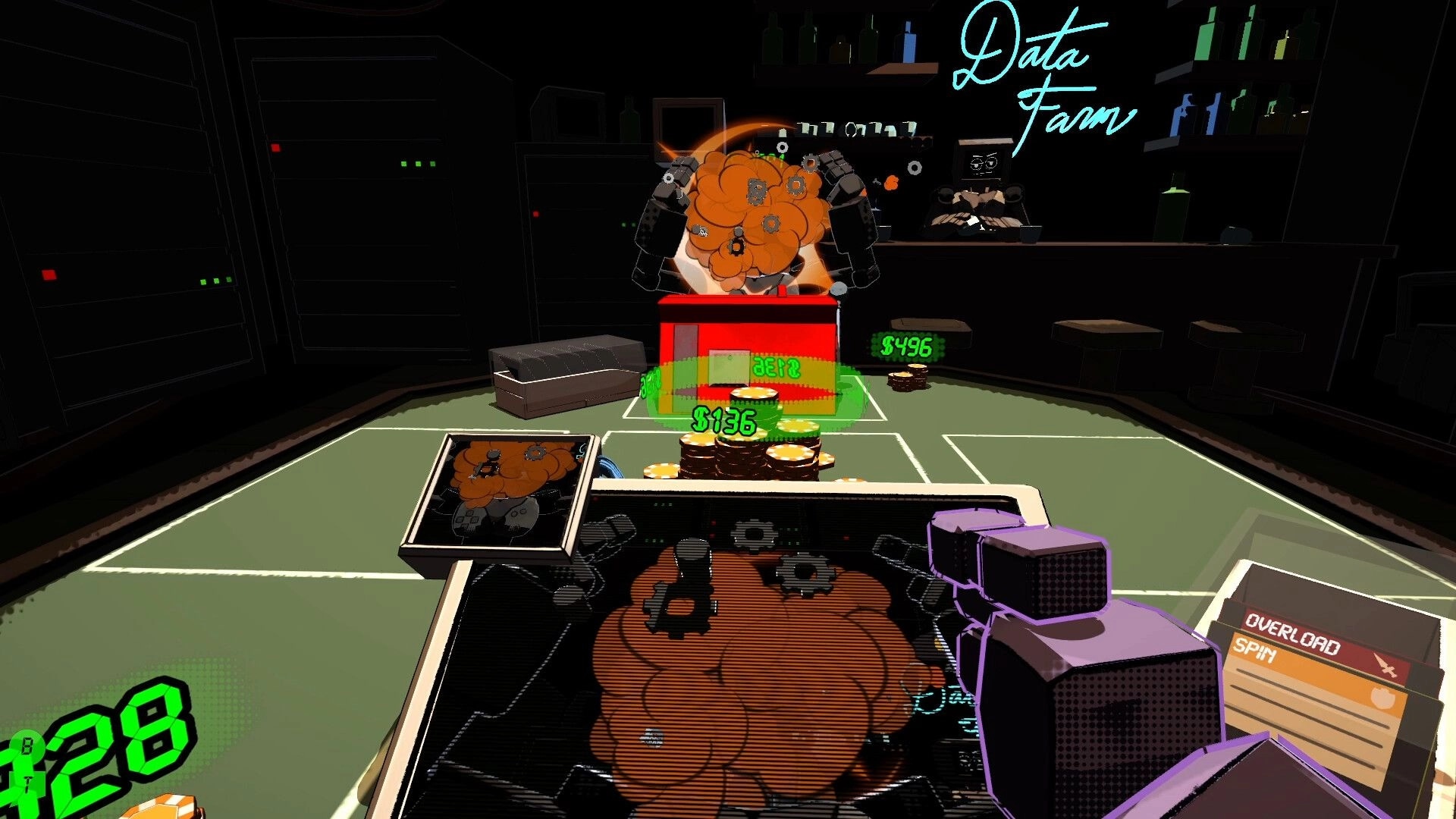 Explosive Odds: Player cutting wires with cash rewards displayed on table in a dimly lit bar setting