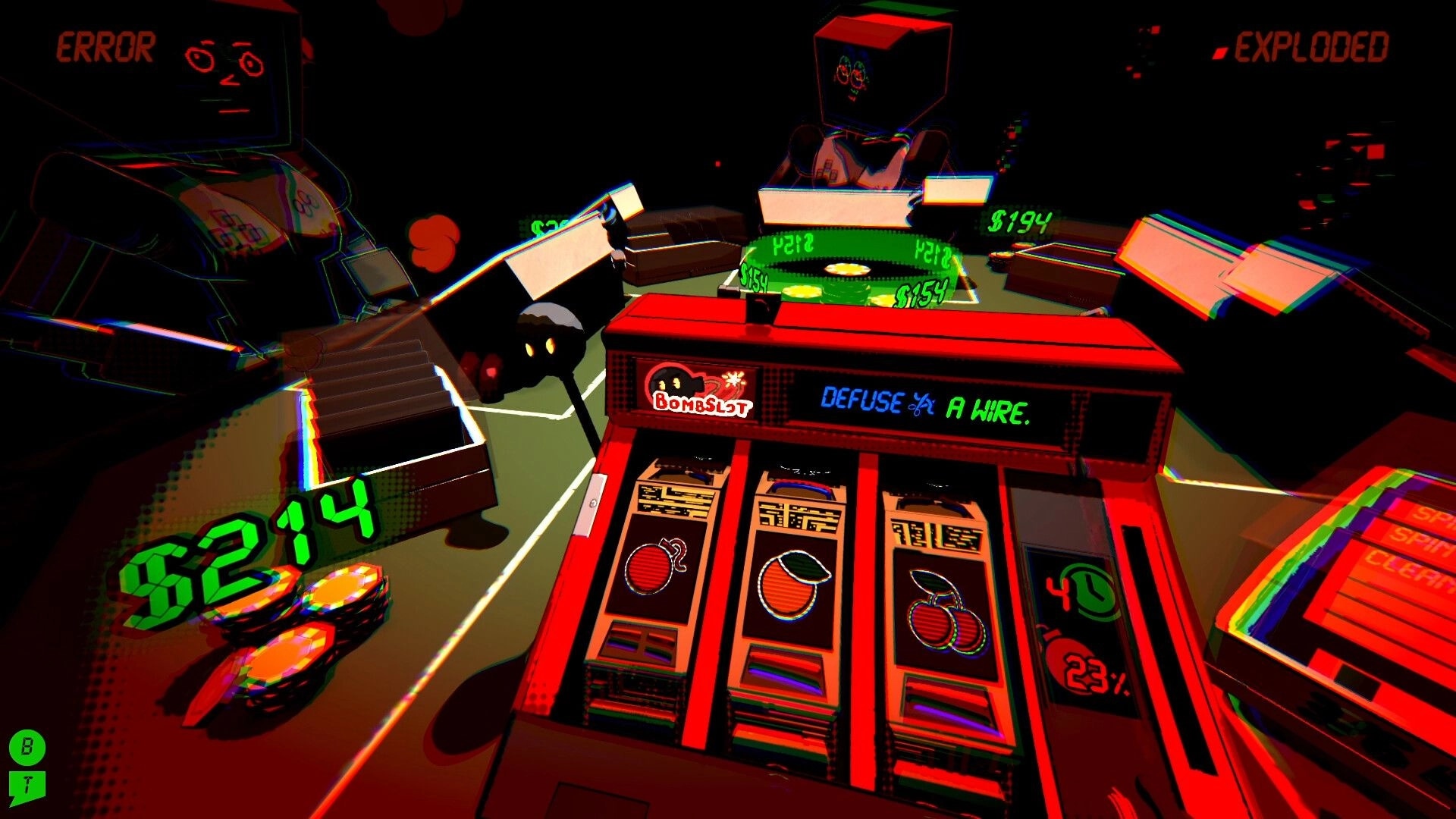 Explosive Odds: Bombslot machine with digital display and coins in a neon-lit gambling arena