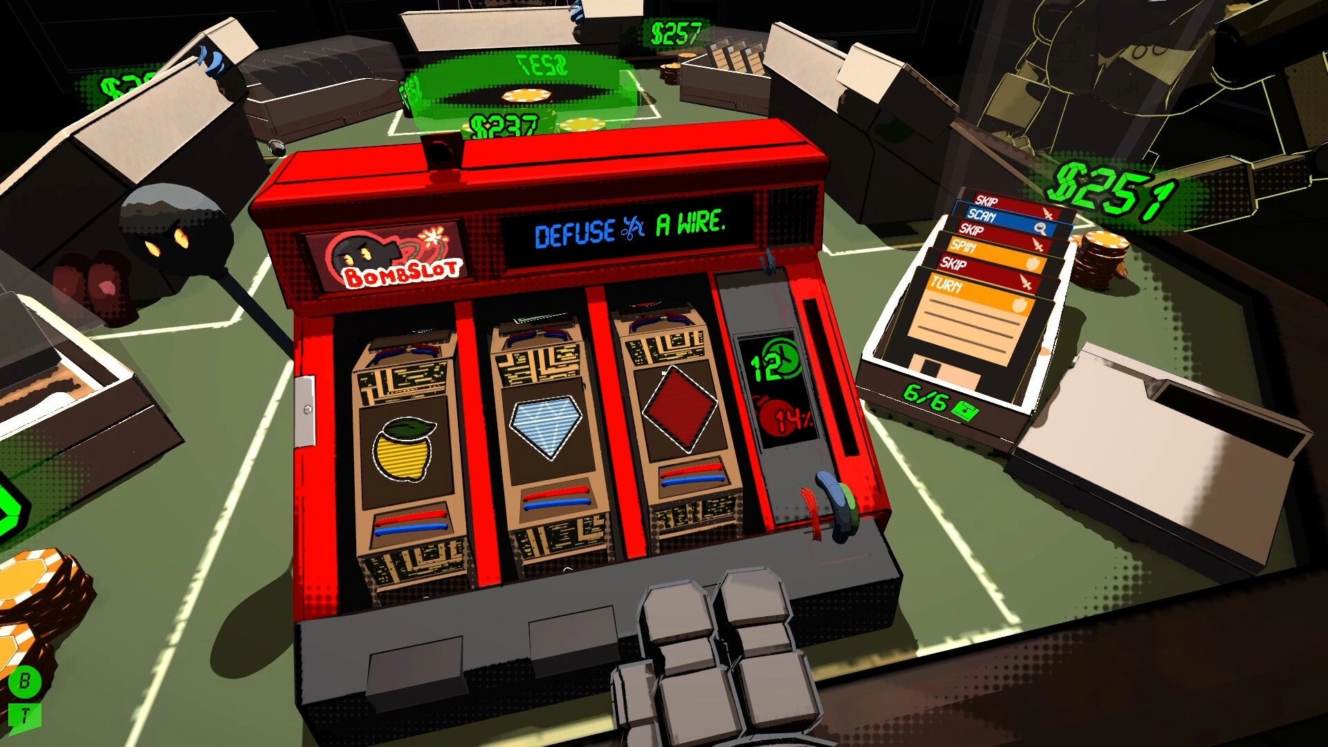 Explosive Odds: Slot machine interface with wire defusal prompt and player cards on the table