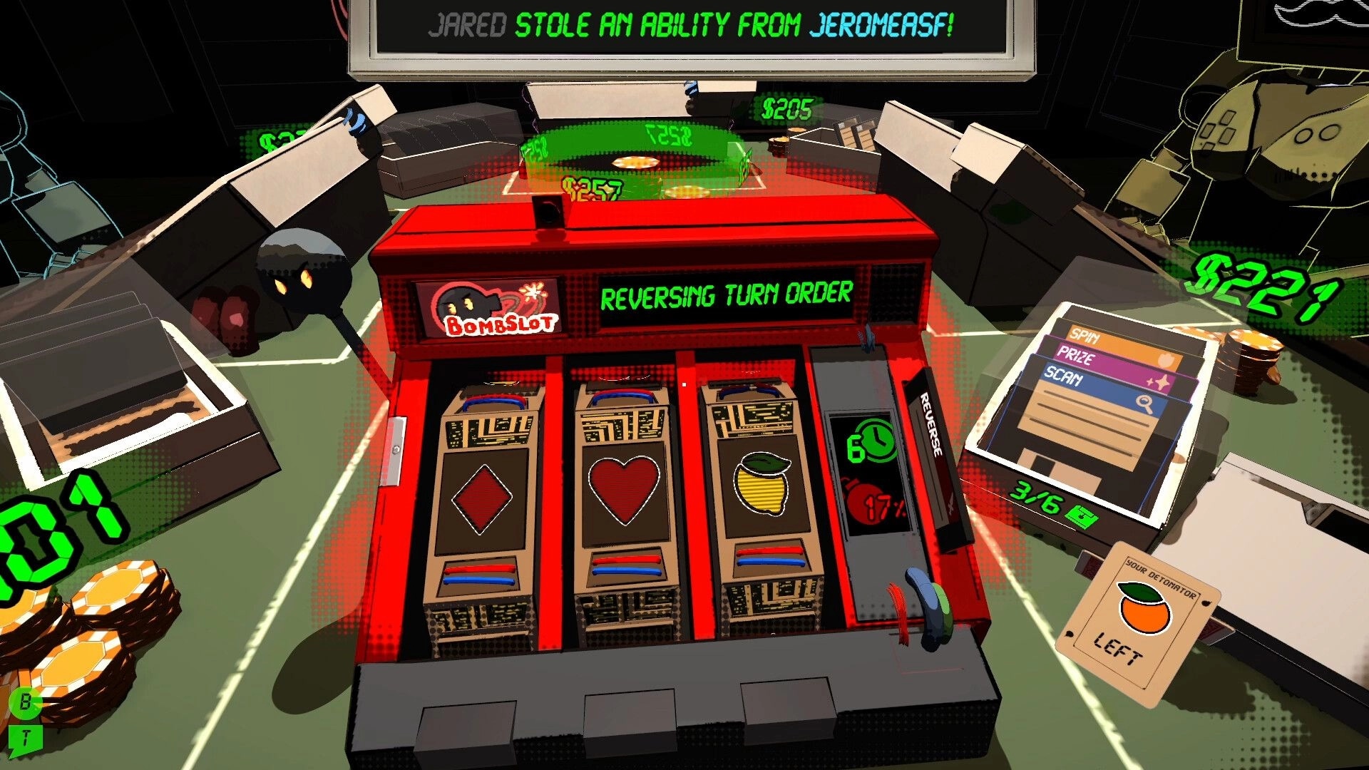 Explosive Odds: Slot machine with card icons, turn order reversal, and player cash amounts displayed