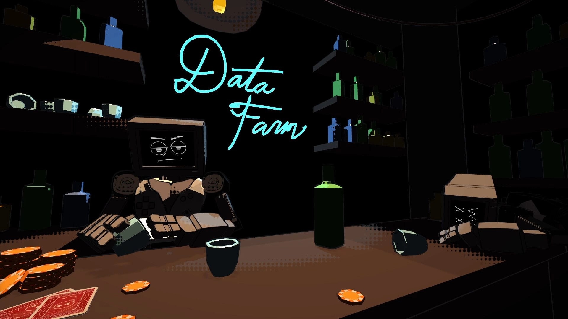 Explosive Odds: Robot bartender with poker chips and neon sign in dimly lit bar setting