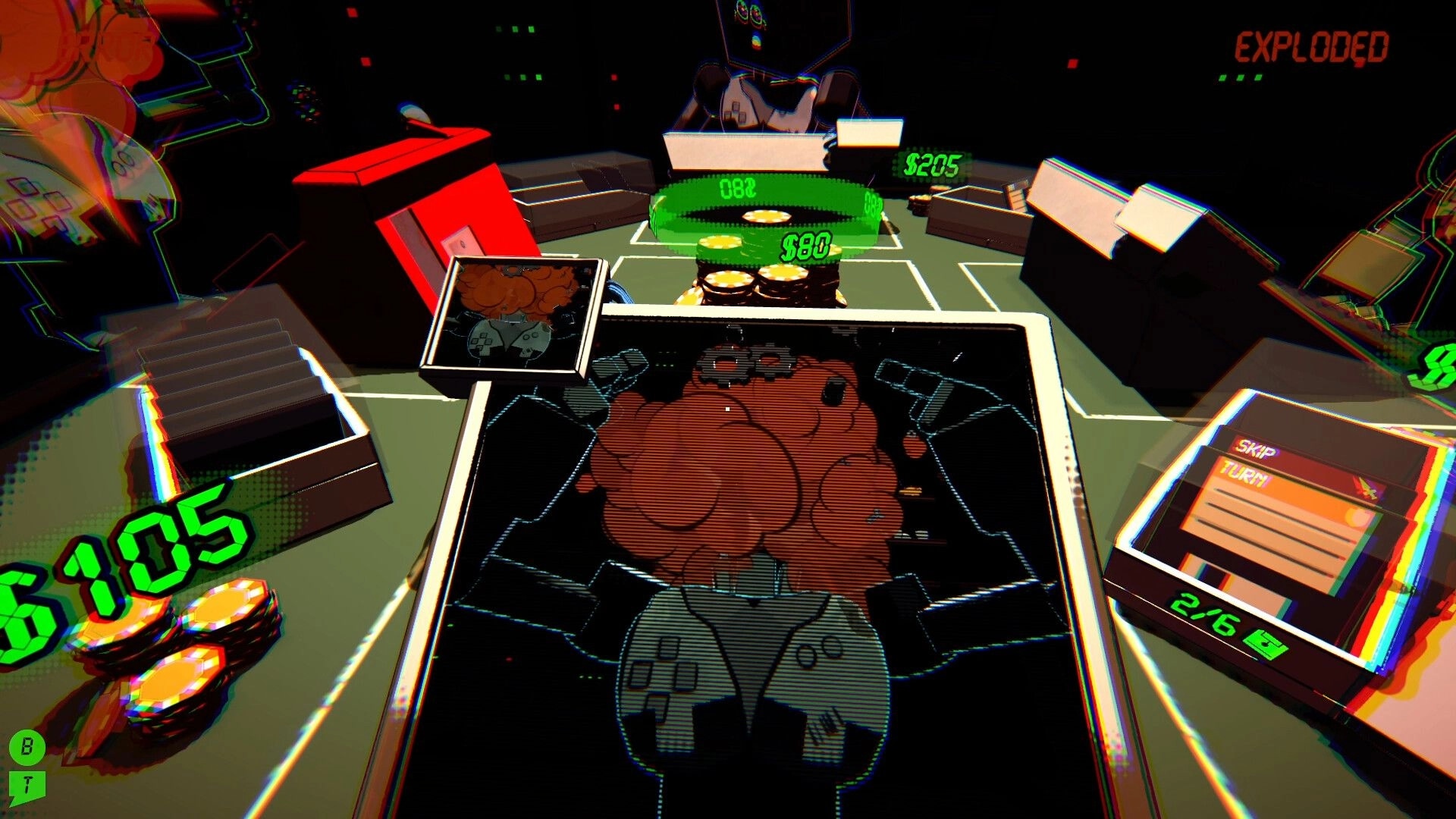 Explosive Odds: Players bet and strategize around a table with cash, wires, and explosion graphics
