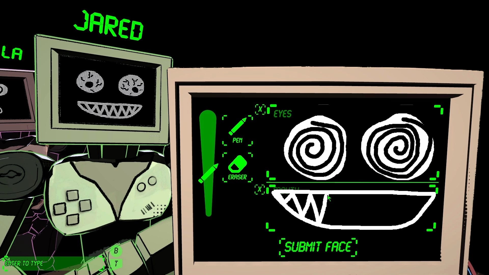 Explosive Odds: Character Jared edits face design on digital screen in dark, tech-themed environment