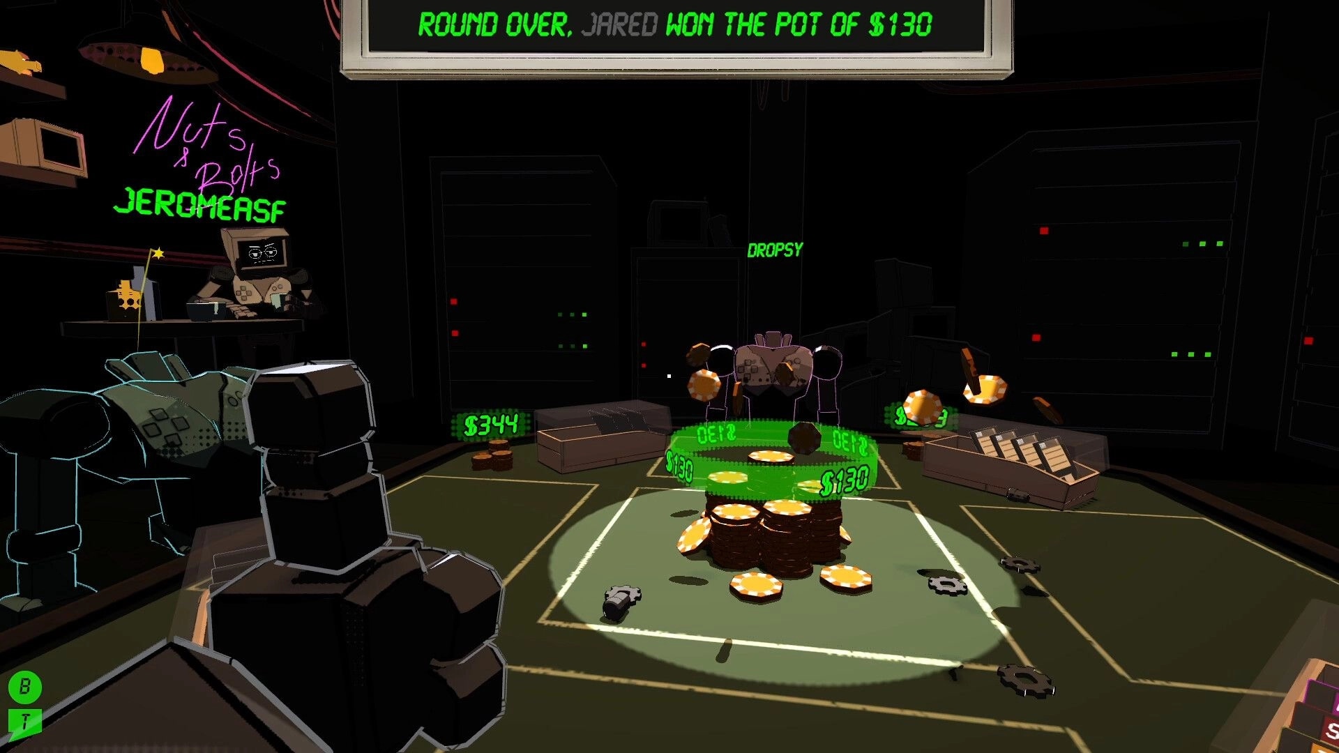 Explosive Odds: Jared wins $130 pot in robot-filled poker room with chips and cash on the table