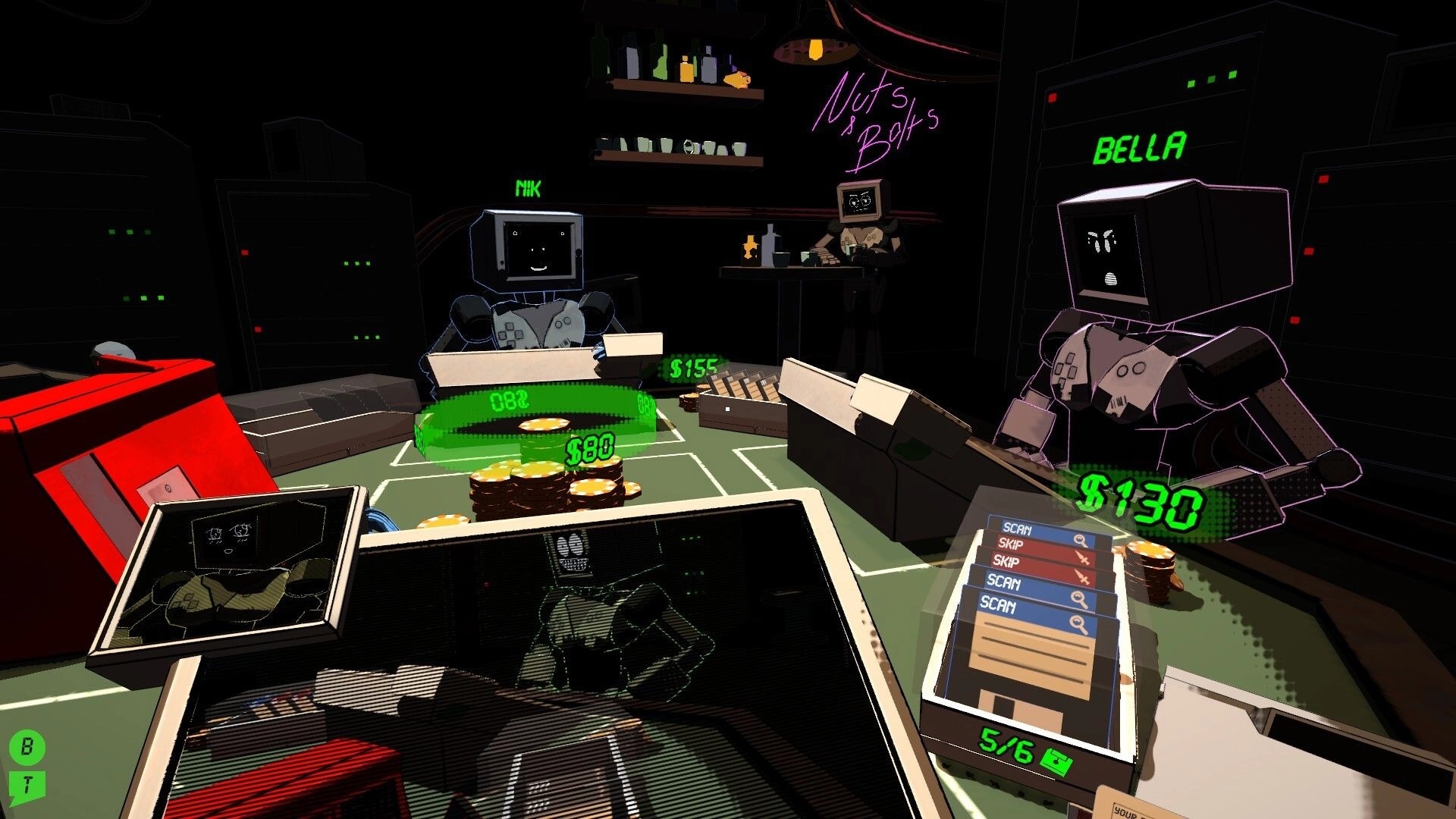 Explosive Odds: Robots Bella and Nik gamble with poker chips in a dimly lit bar setting.