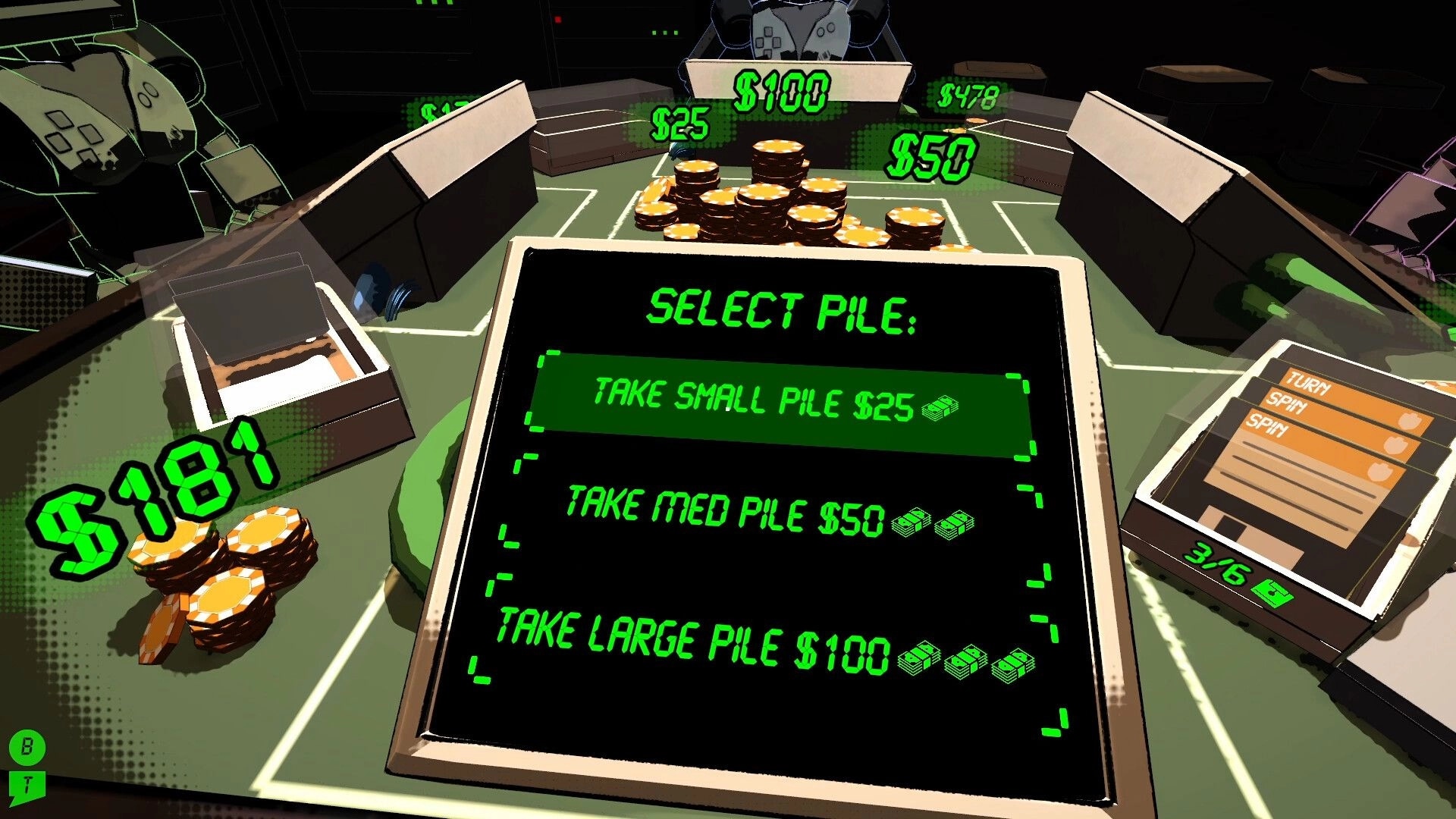 Explosive Odds: Choose a pile of cash with various values in a futuristic gambling arena