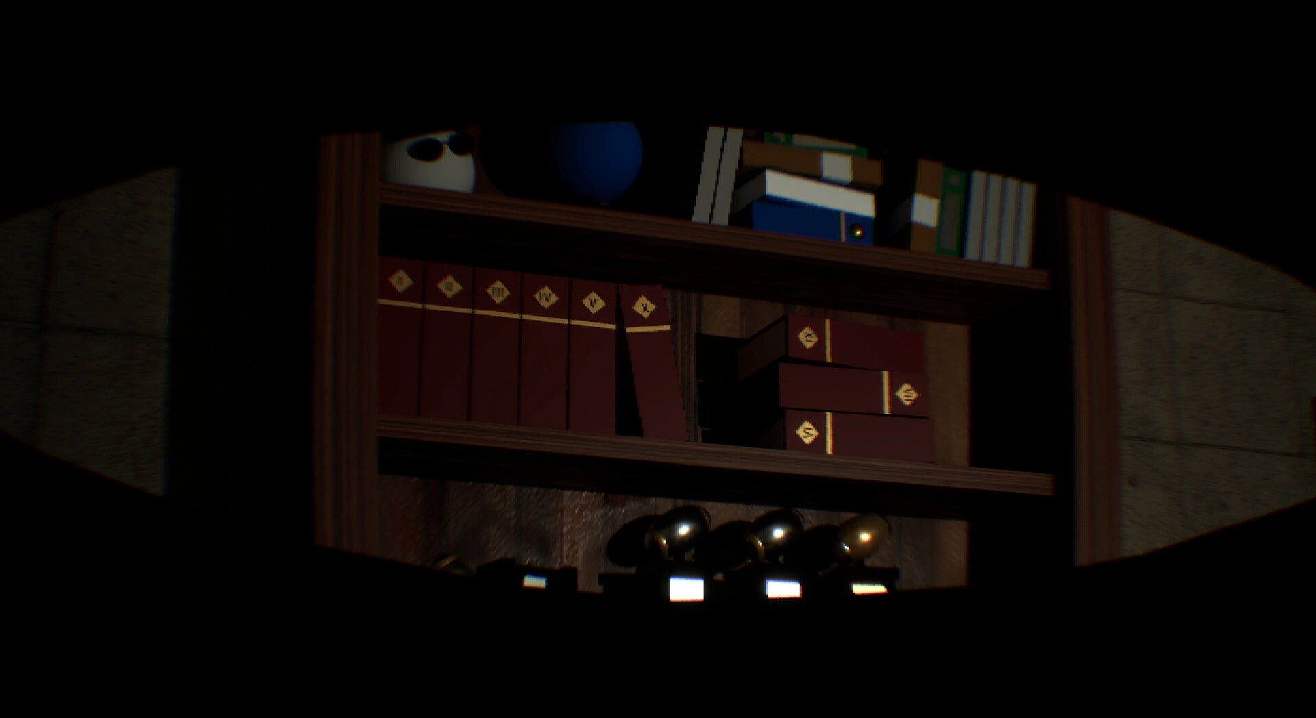 EYES ON THE EXAM: Bookshelf with red books and hidden eyes in a dimly lit classroom setting