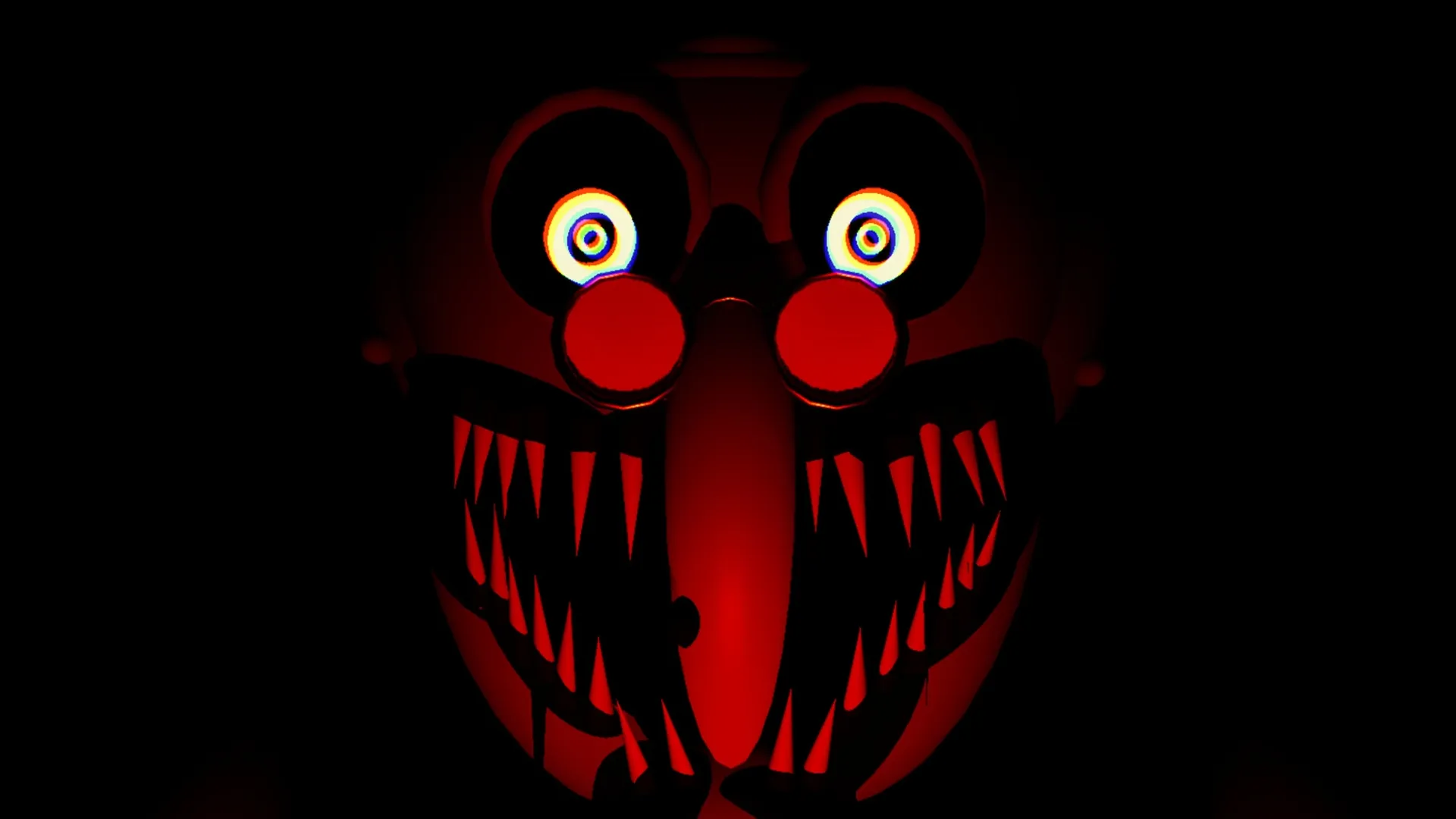 EYES ON THE EXAM: Disturbing red-faced creature with spiral eyes and sharp teeth in dark environment