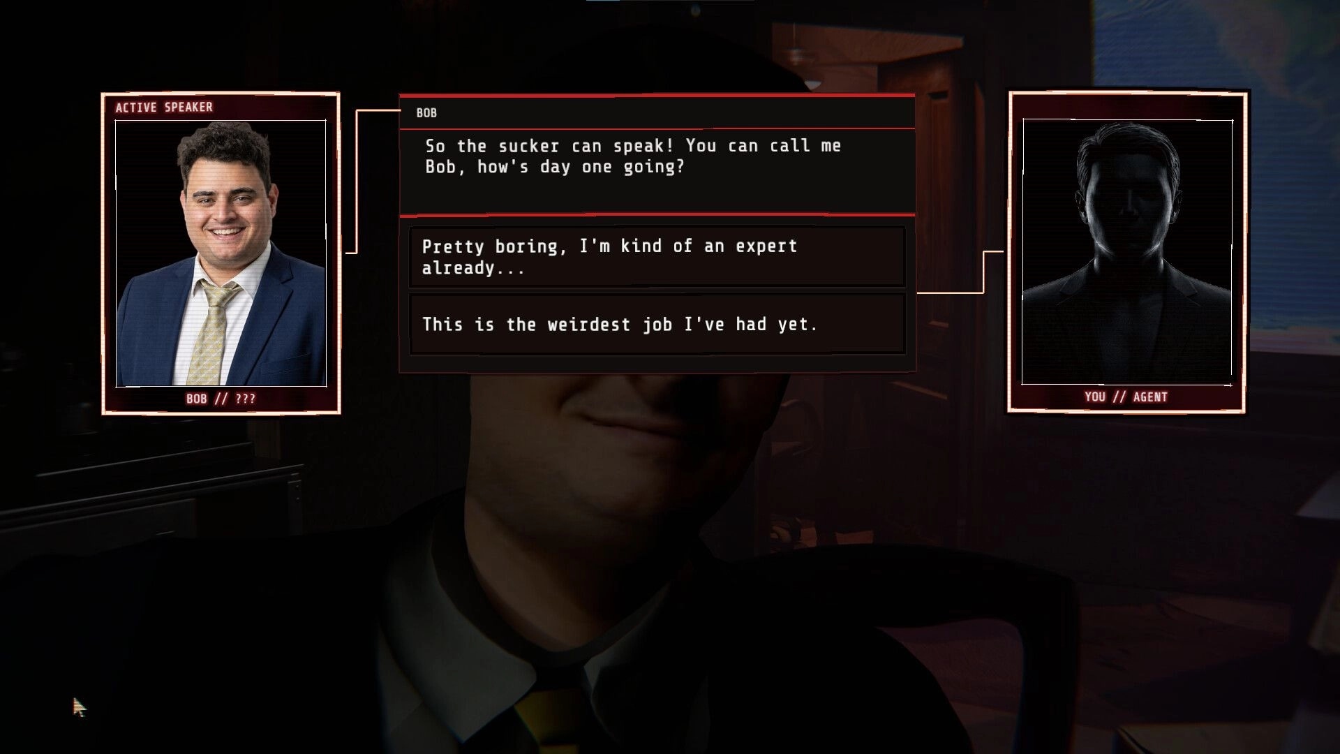 Eyes Wide Open: Dialogue screen with Bob portrait and two reply choices beside agent silhouette UI.