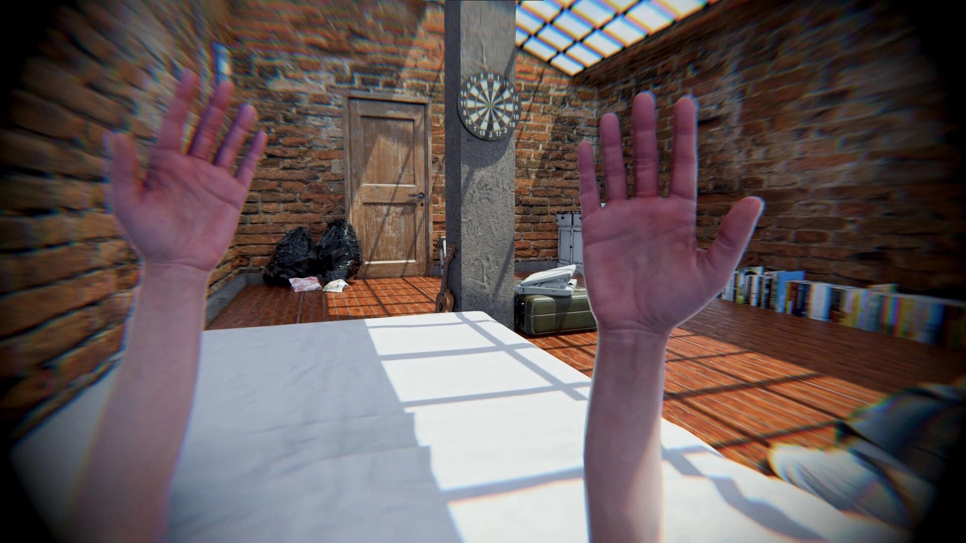Eyes Wide Open: First-person hands raised in a brick room with dartboard, door, and cluttered floor.
