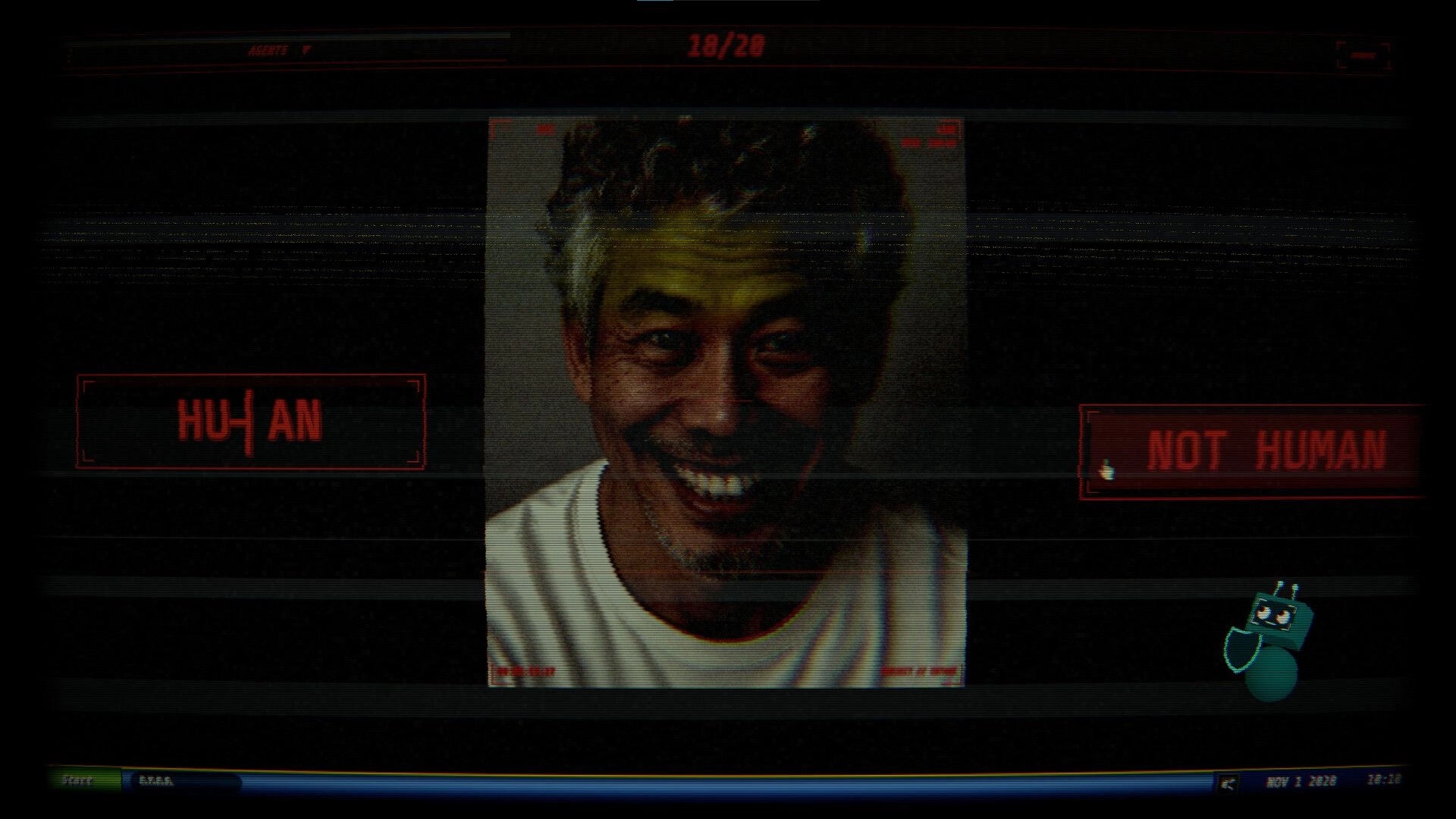 Eyes Wide Open: Inspection UI with a grinning man’s photo and HUMAN/NOT HUMAN choice buttons on screen.