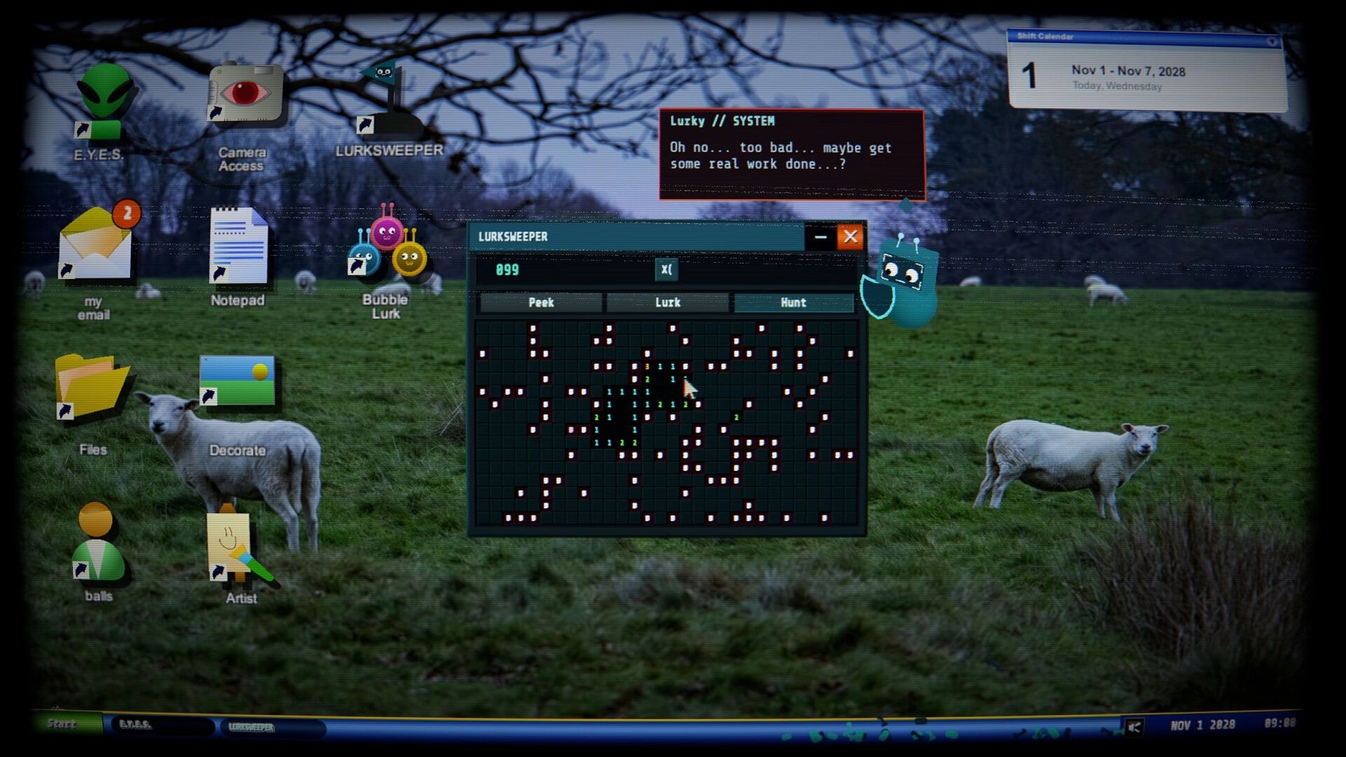 Eyes Wide Open: LURKSWEEPER puzzle window over desktop icons on sheep pasture background with system alert.