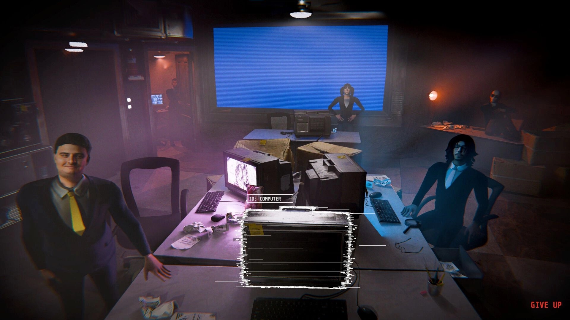 Eyes Wide Open: Glitchy ID scan UI over a desk with CRT monitors and three office workers nearby.
