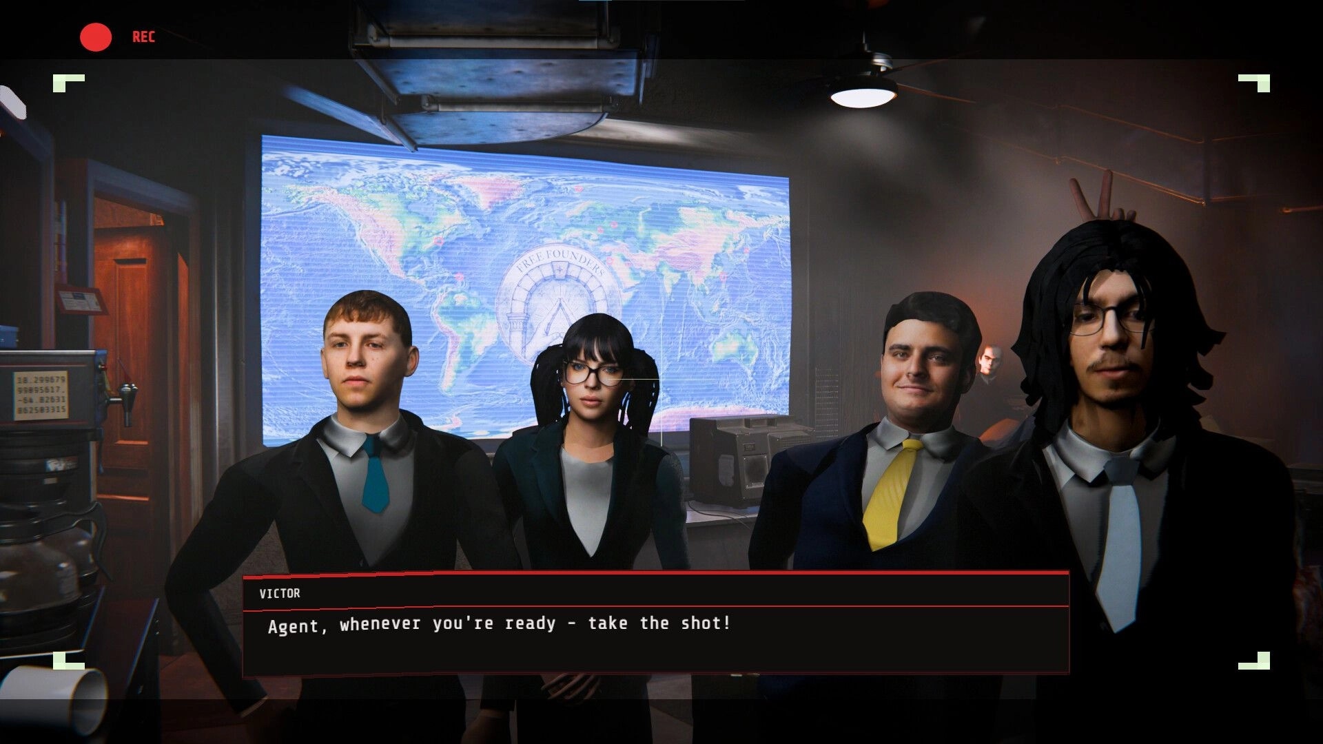 Eyes Wide Open: Four suited agents pose before a world map screen; dialogue box prompts take the shot.