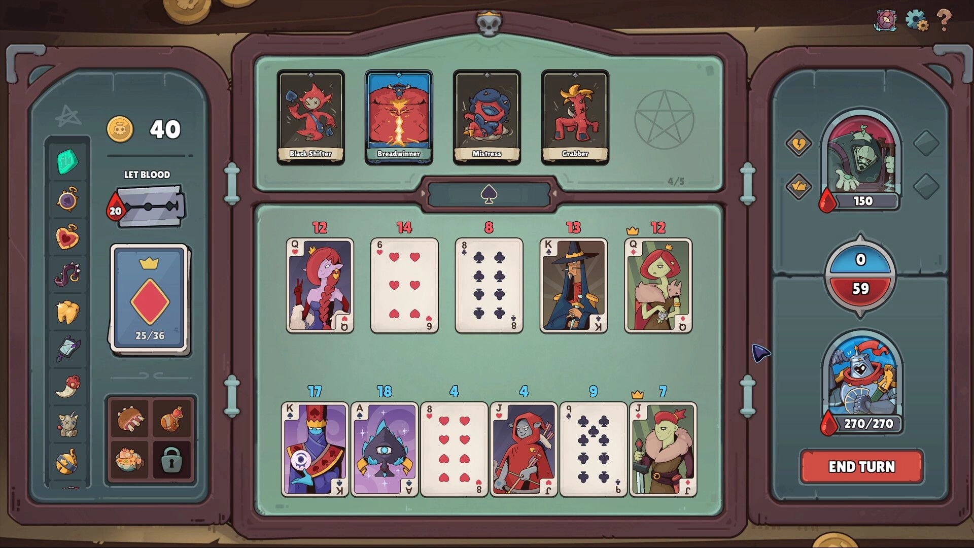 Fabulous Fool: Card battle interface with player and enemy cards, health bars, and available actions.