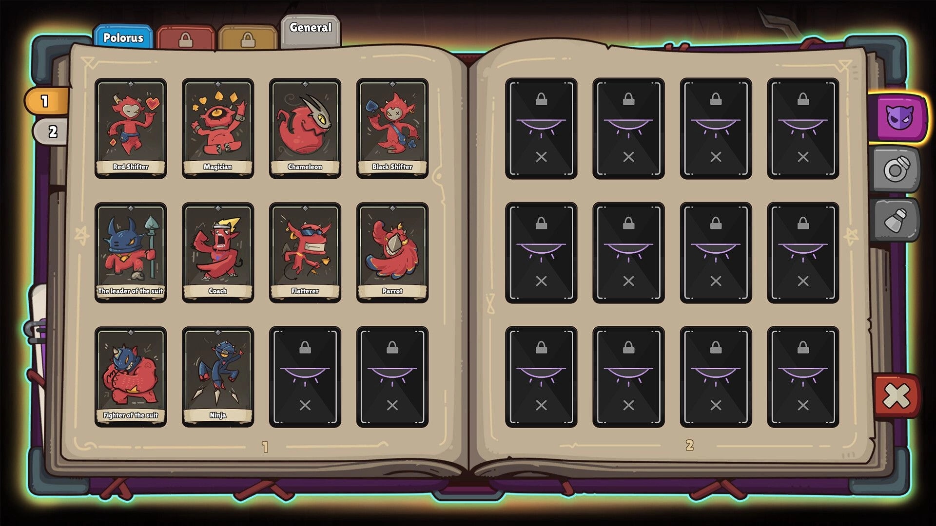 Fabulous Fool: Demon card collection interface displayed in an open book with locked and unlocked cards