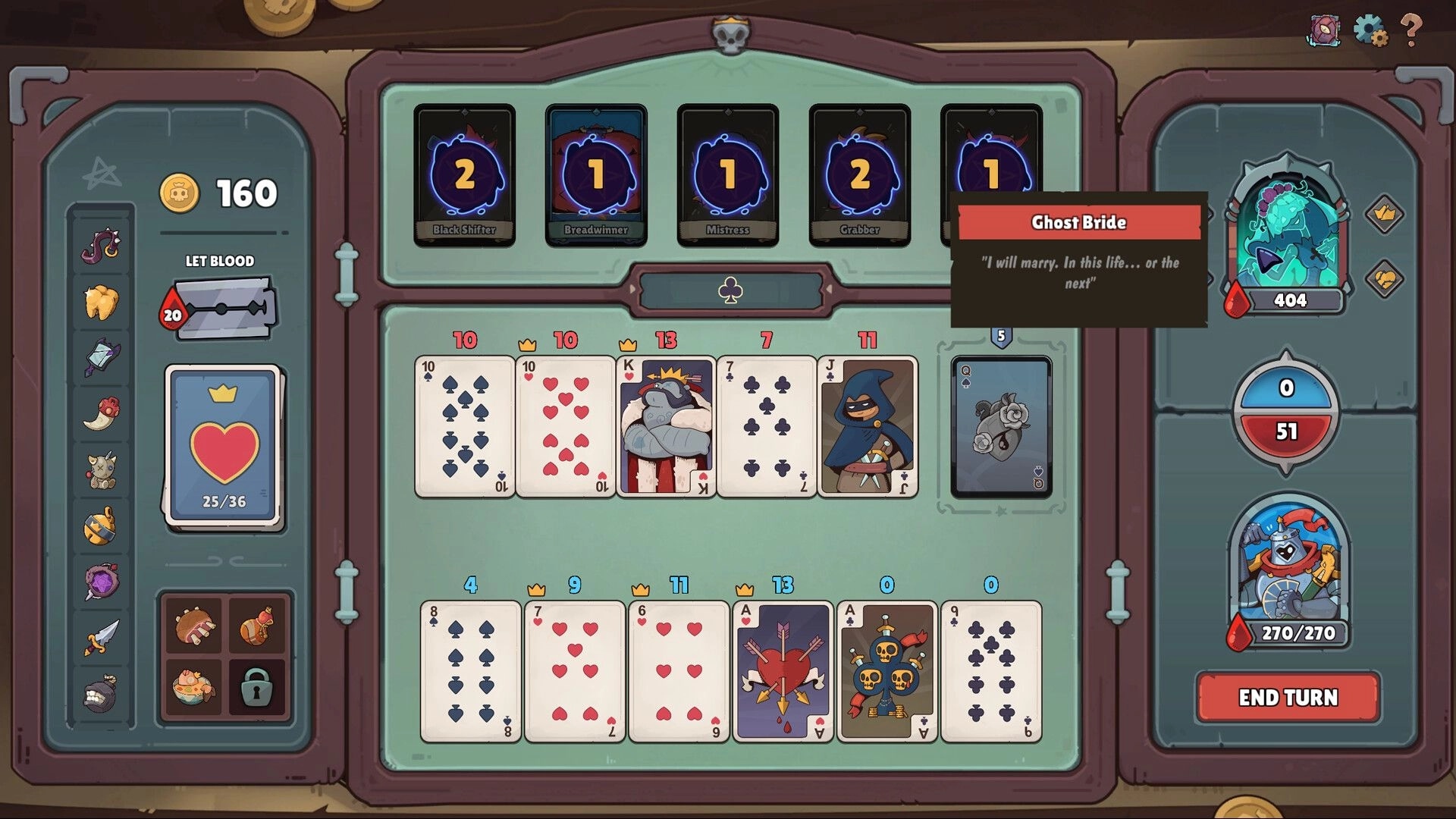 Fabulous Fool: Card battle with Ghost Bride, player hand and enemy cards displayed in combat interface