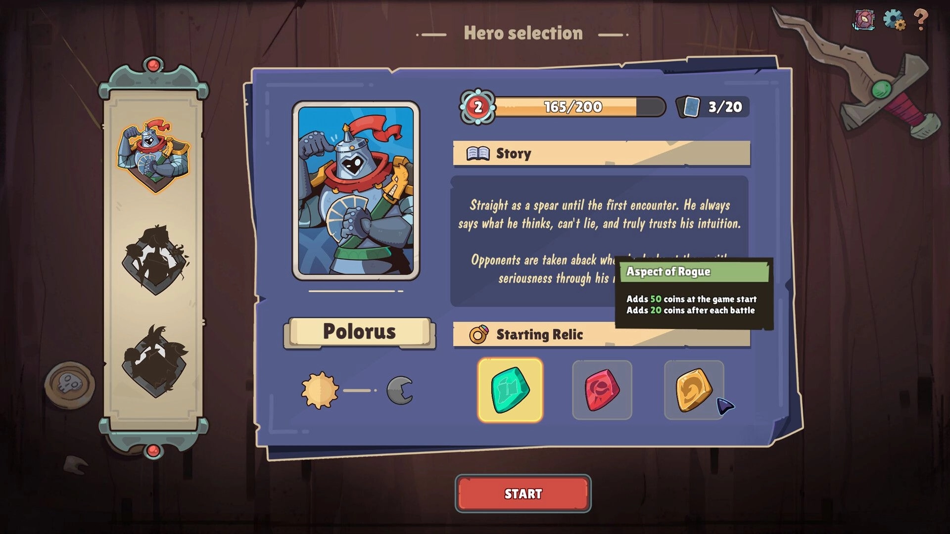 Fabulous Fool: Hero selection screen with character Polorus and starting relic options displayed