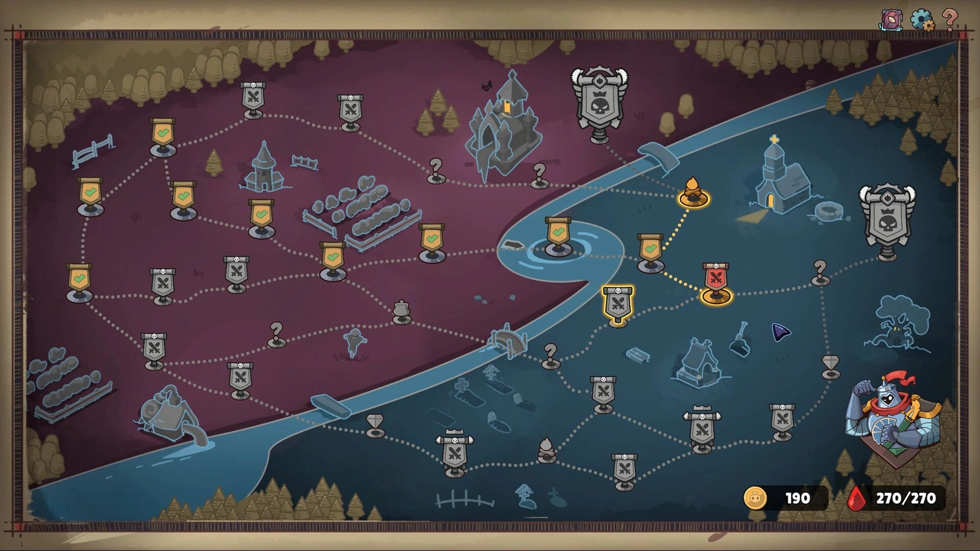 Fabulous Fool: Strategic map navigation with various paths, enemy icons, and resources in forested region.