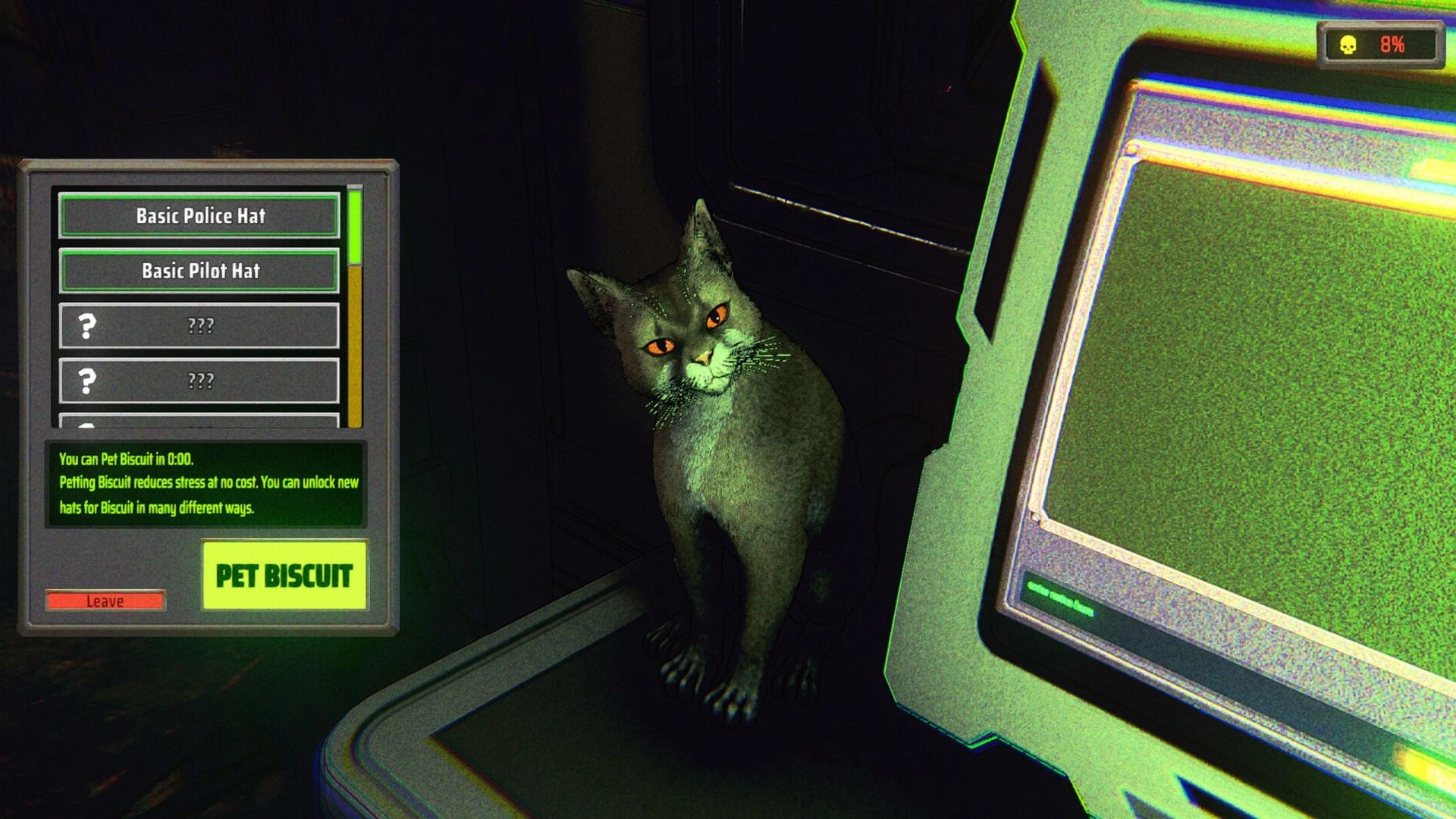 Face Interrogation: Biscuit the cat beside a futuristic console, hat selection and stress relief options visible.