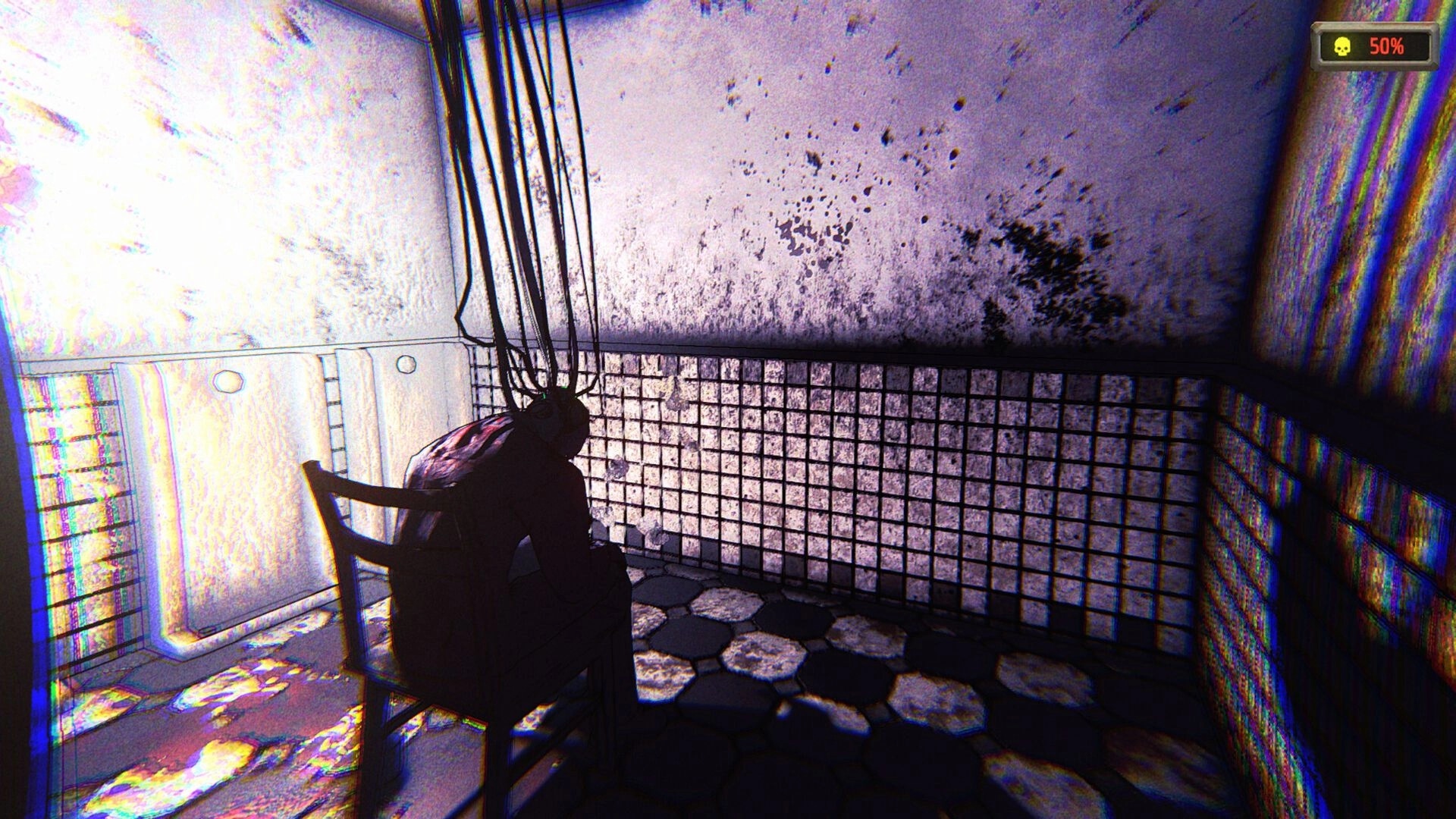 Face Interrogation: Dark room with character wired to ceiling, health bar at 50% in gritty environment