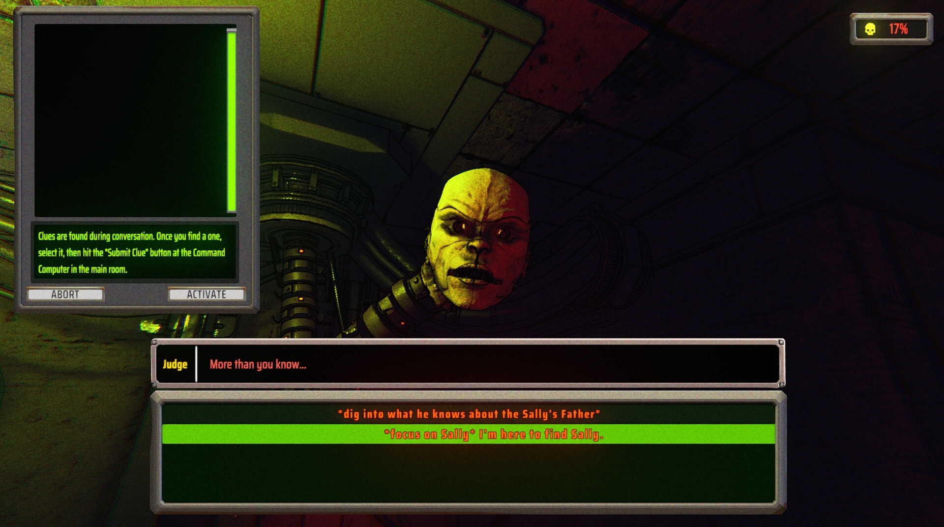 Face Interrogation: Interrogation interface with dialogue choices in a dimly lit futuristic chamber