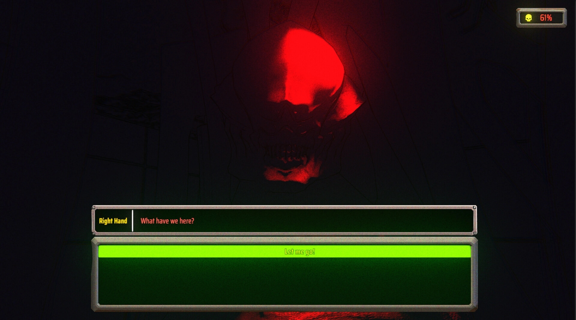 Face Interrogation: Red skull face with dialogue choices in dark, ominous setting, 61% tension meter