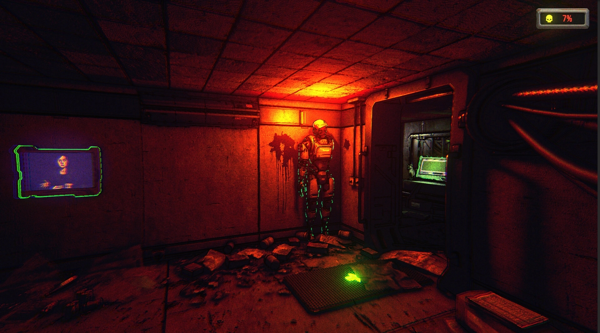 Face Interrogation: Robot stands in dark room with red lighting, monitor glowing, and debris scattered.