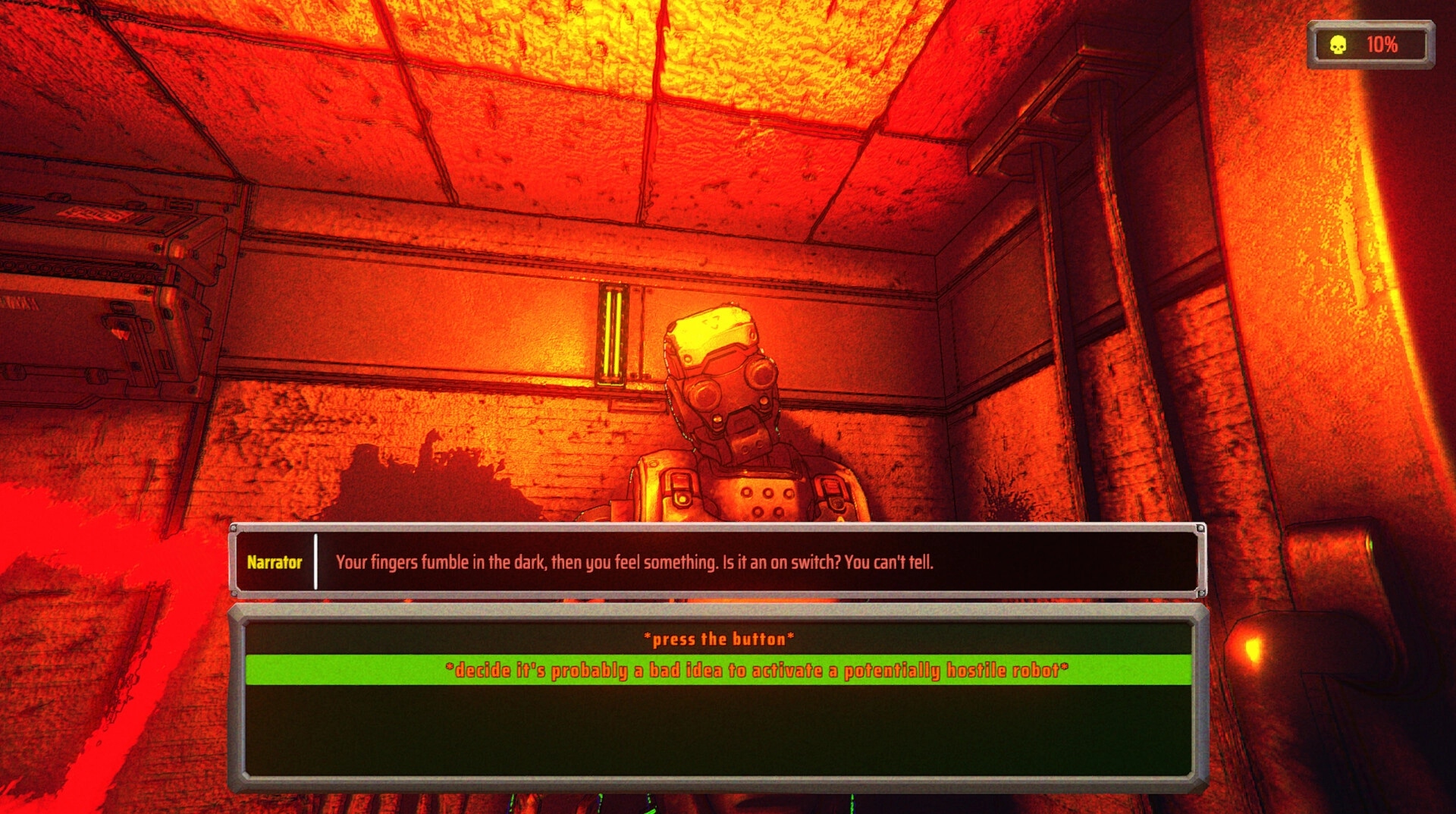 Face Interrogation: Robot in dim red-lit room with narrative choice options displayed