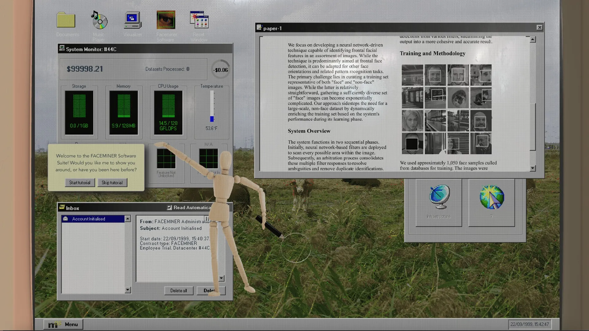 FACEMINER: System monitor interface displaying storage, memory, and CPU usage on desktop background