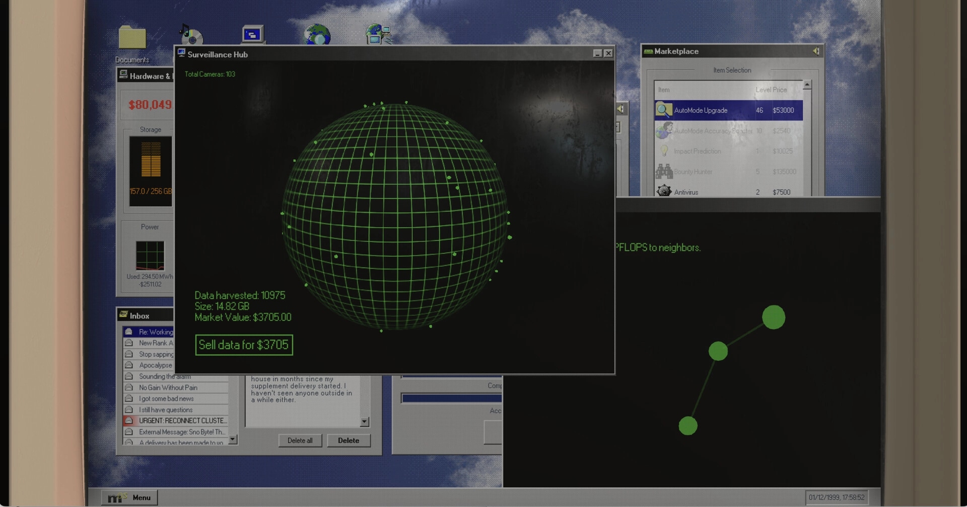 FACEMINER: Surveillance hub interface with 103 cameras and data market value displayed on desktop screen.