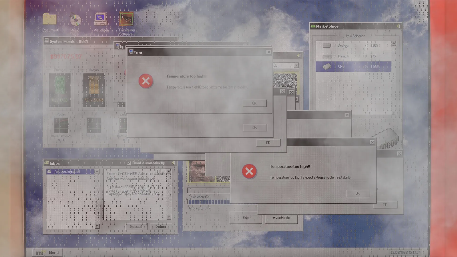 FACEMINER: Error windows pop up due to overheating in cluttered 1999-style desktop interface