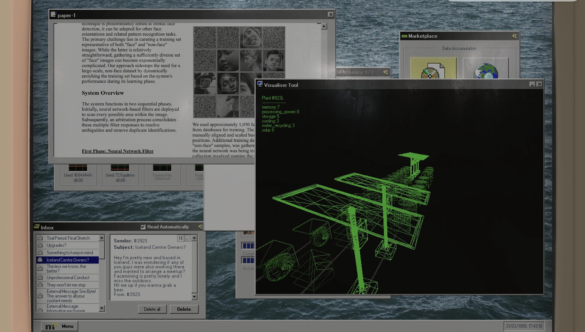 FACEMINER: Complex UI with visualiser tool, email inbox, and data processing windows over ocean background