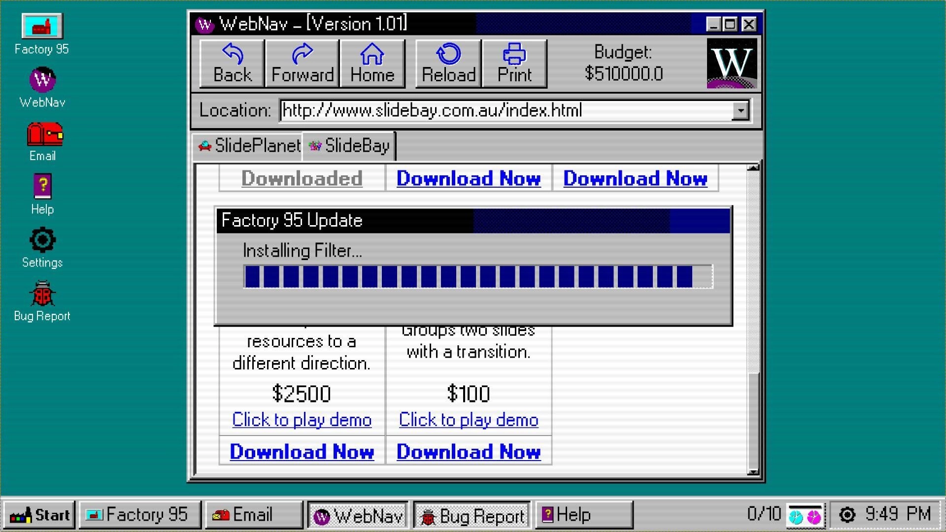 Factory 95: Installing filter with progress bar in retro browser on slide show factory interface