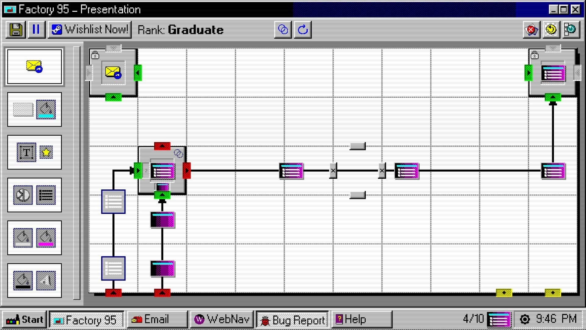 Factory 95: Slide show assembly grid with conveyor belts and tool icons in retro interface design