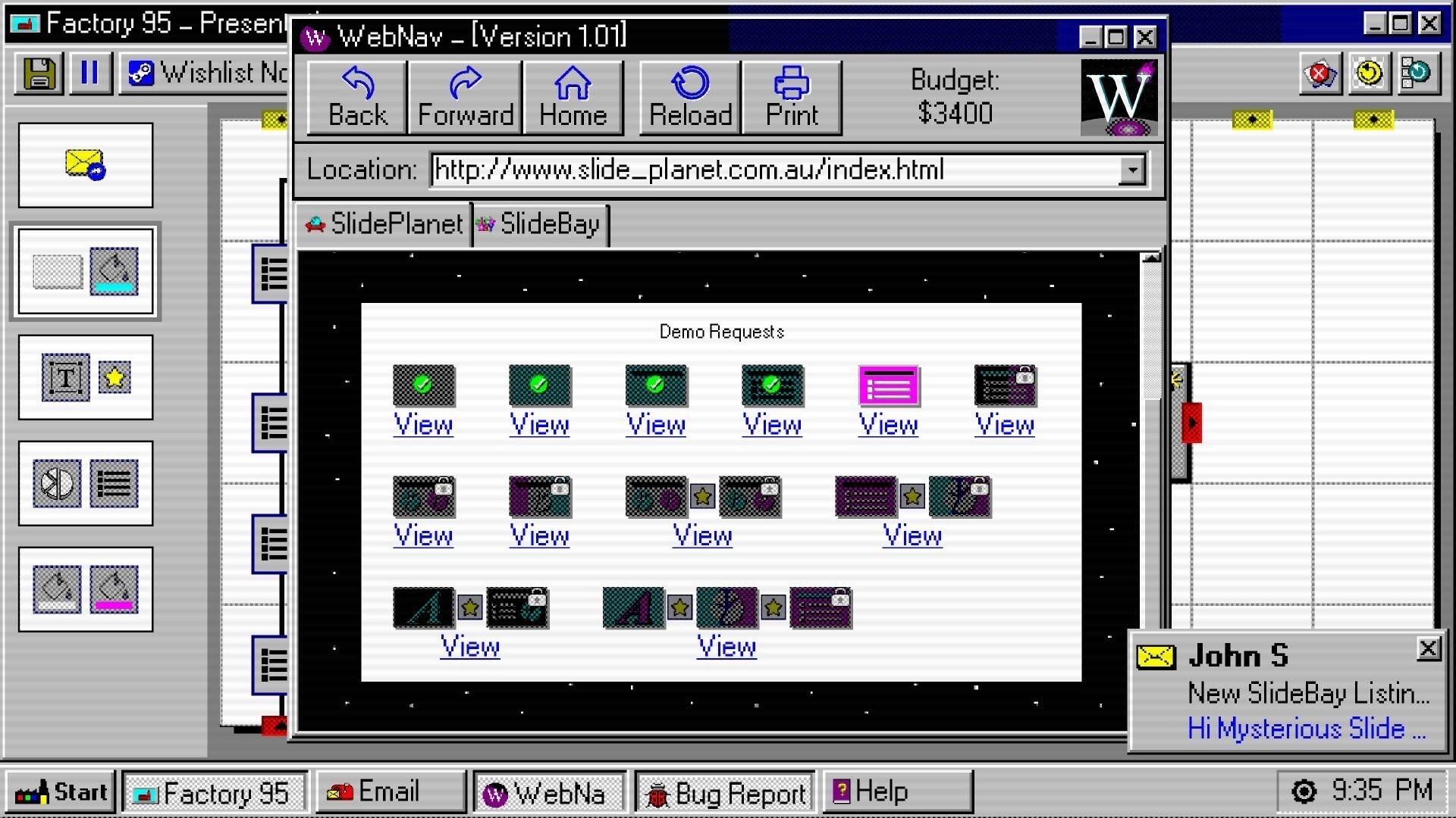 Factory 95: WebNav browser open with demo requests grid and email notification in retro interface.