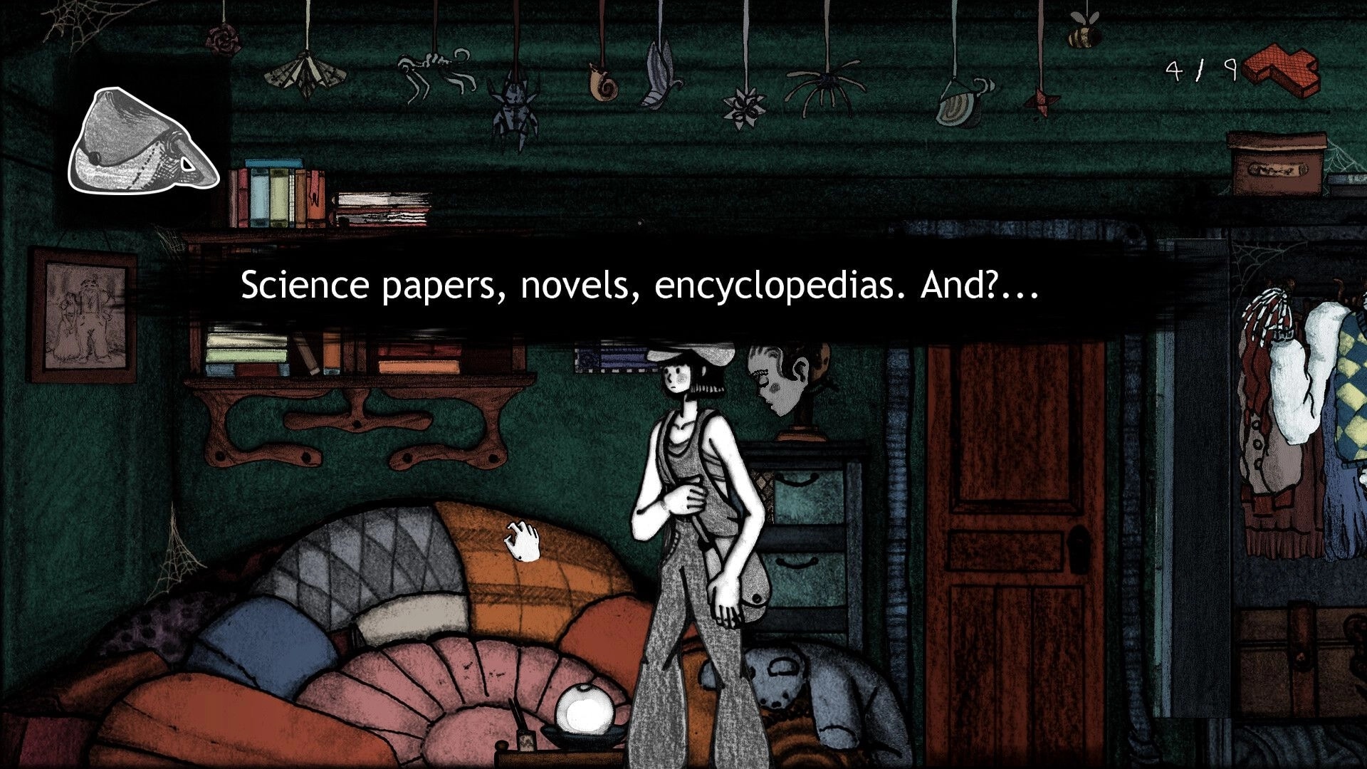 Faded Solitude: Young girl examines bookshelf filled with books, mysterious room with hanging objects.