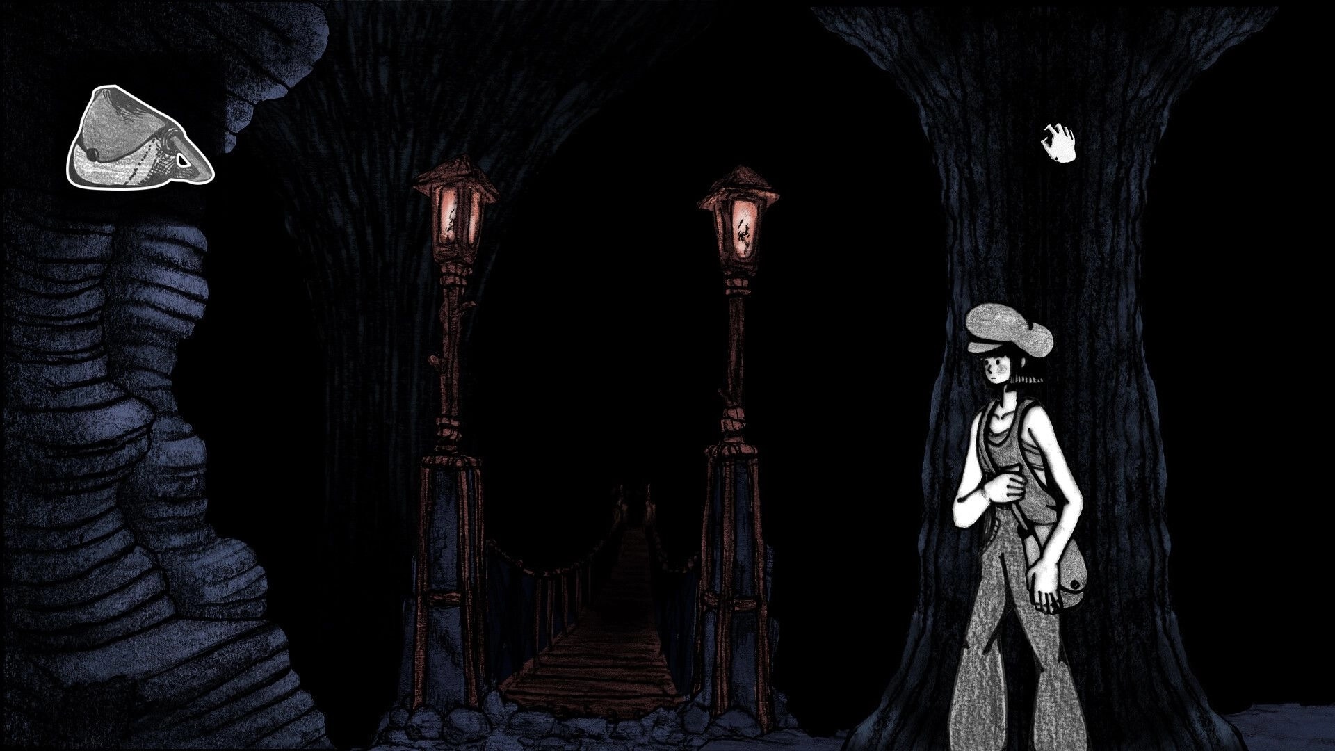 Faded Solitude: Young girl stands near a tree in dark cave, hand icon and bridge with lampposts visible